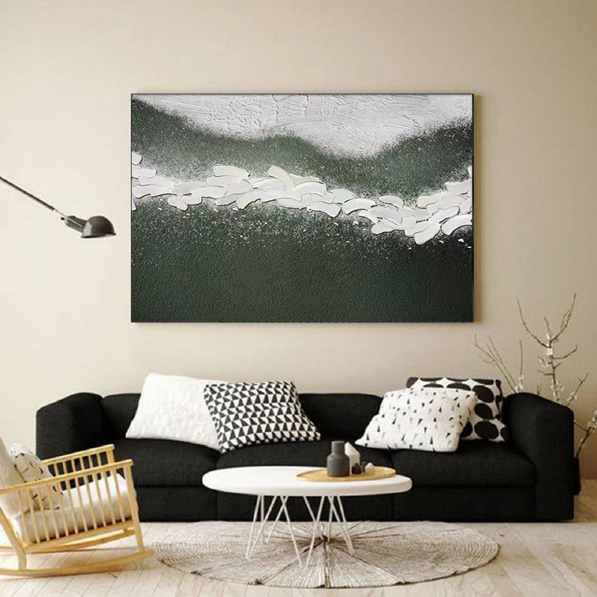 Path of Serenity-Hand Drawn Flowing Green and White Outline Abstract Texture Wall Art