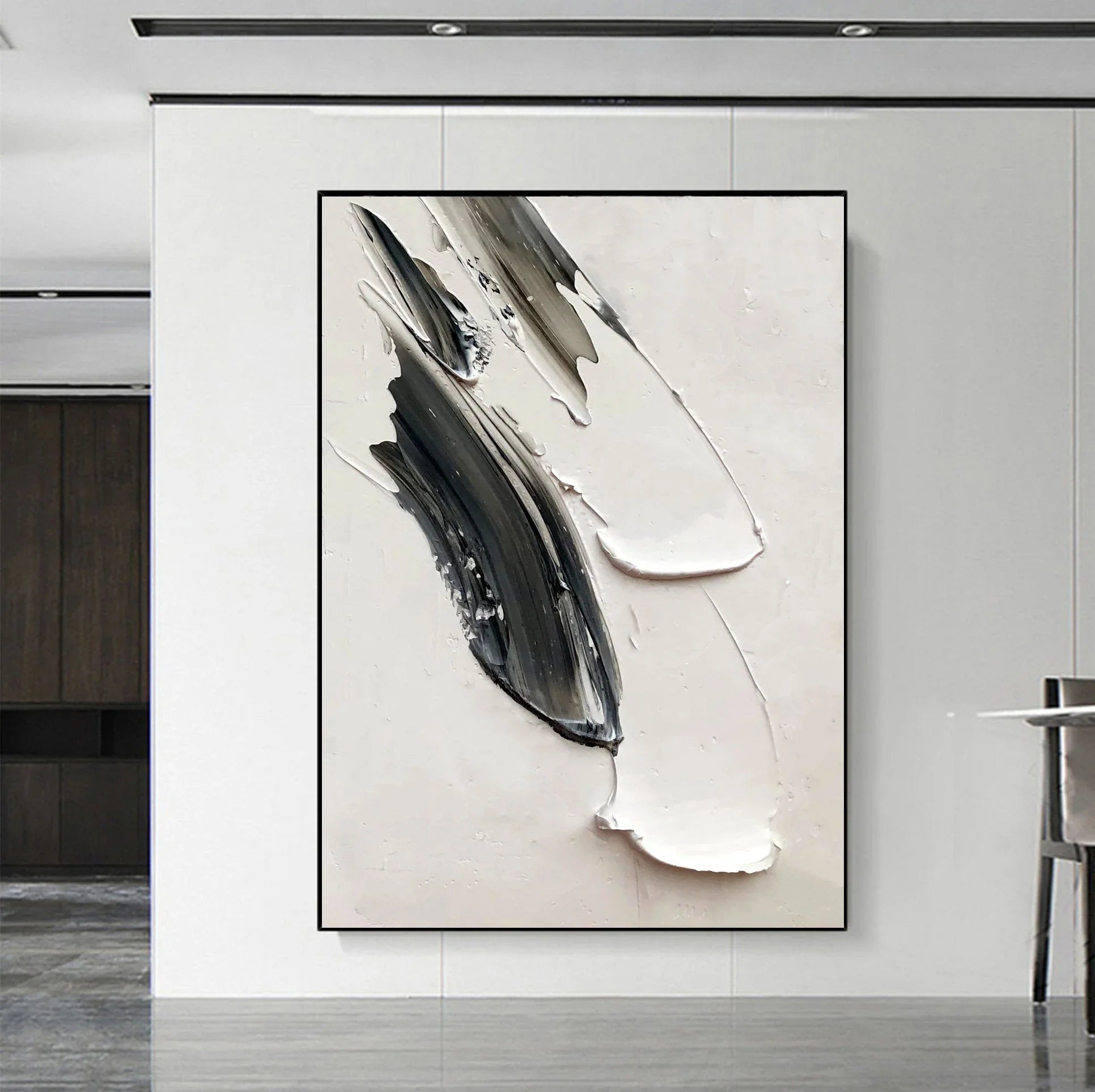 Abstract Echoes in Monochrome-Hand Painted Black and White Impasto Brushstroke Texture Abstract Wall Art