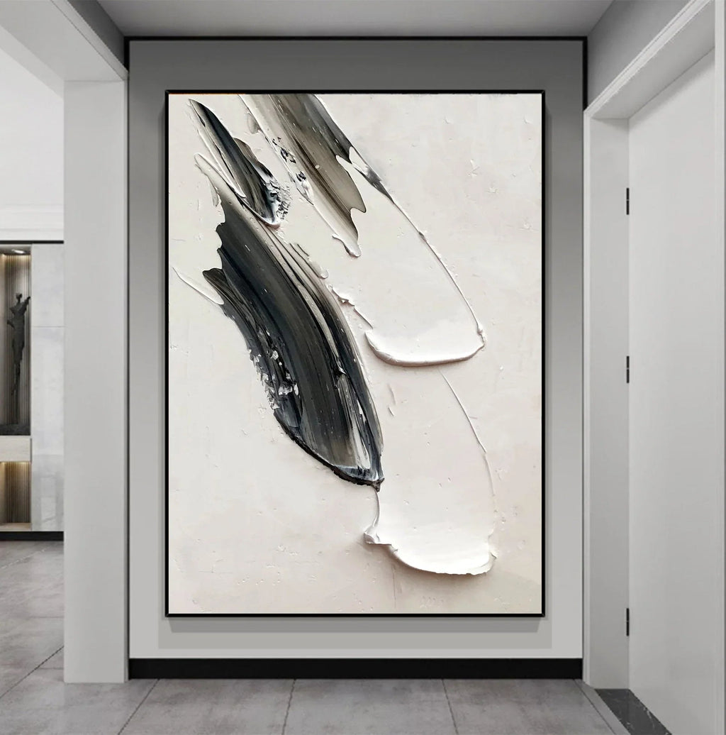 Abstract Echoes in Monochrome-Hand Painted Black and White Impasto Brushstroke Texture Abstract Wall Art