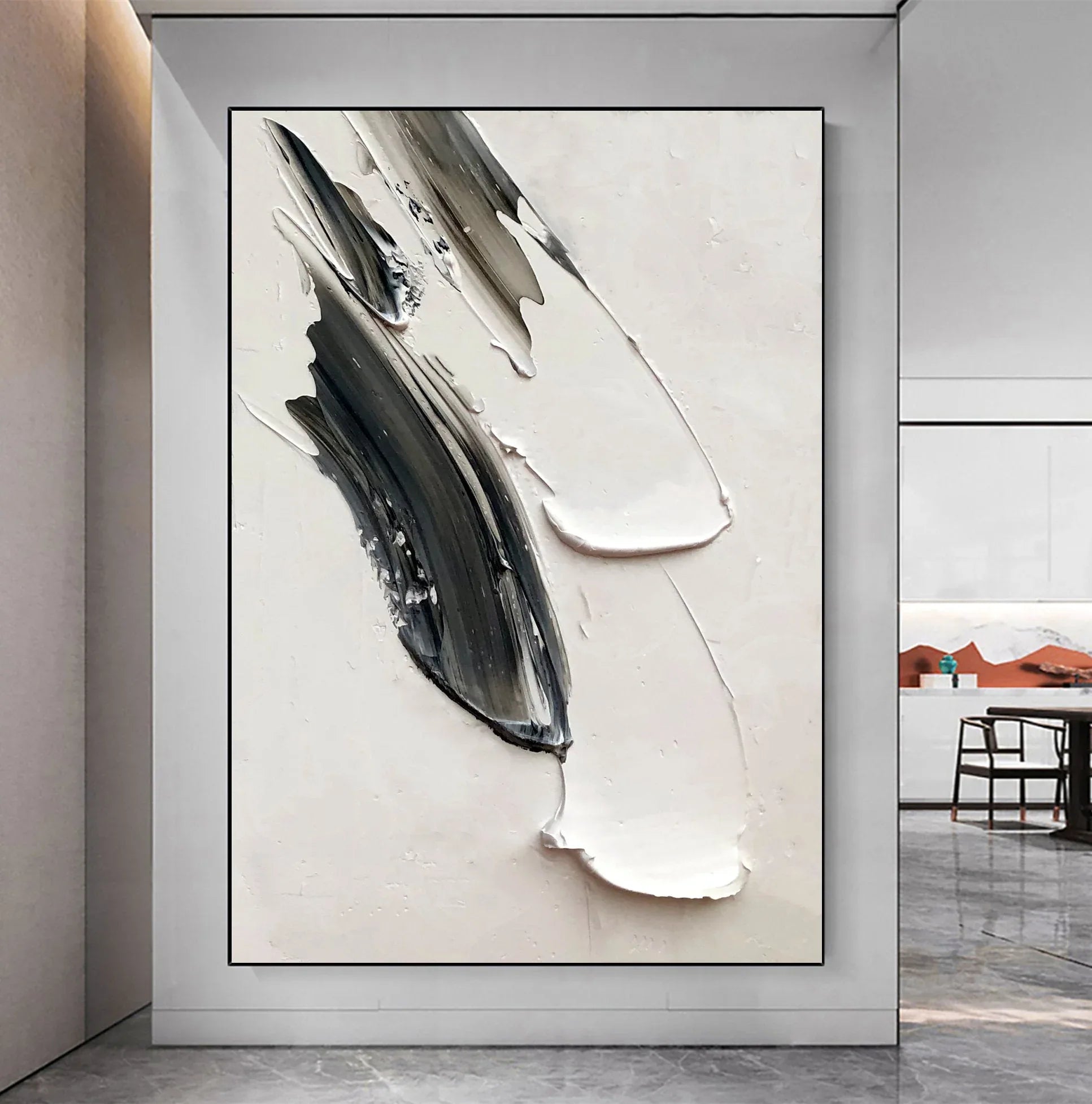 Abstract Echoes in Monochrome-Hand Painted Black and White Impasto Brushstroke Texture Abstract Wall Art
