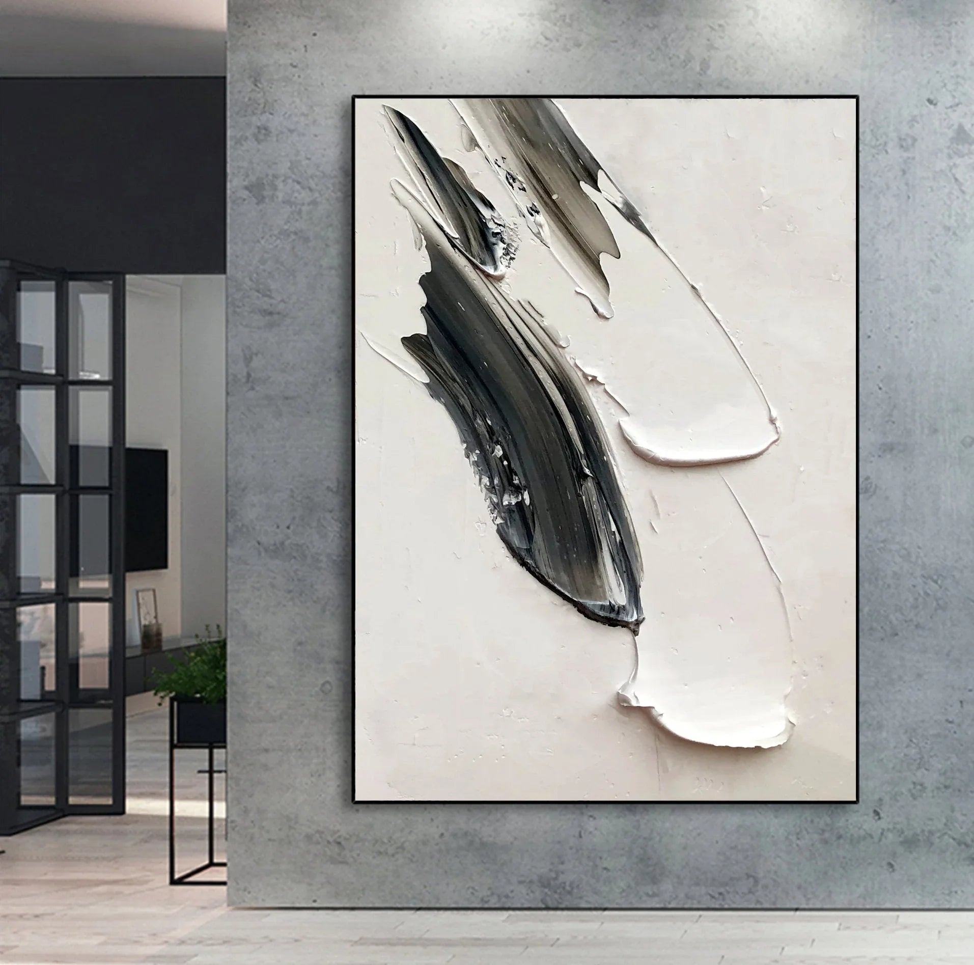 Abstract Echoes in Monochrome-Hand Painted Black and White Impasto Brushstroke Texture Abstract Wall Art