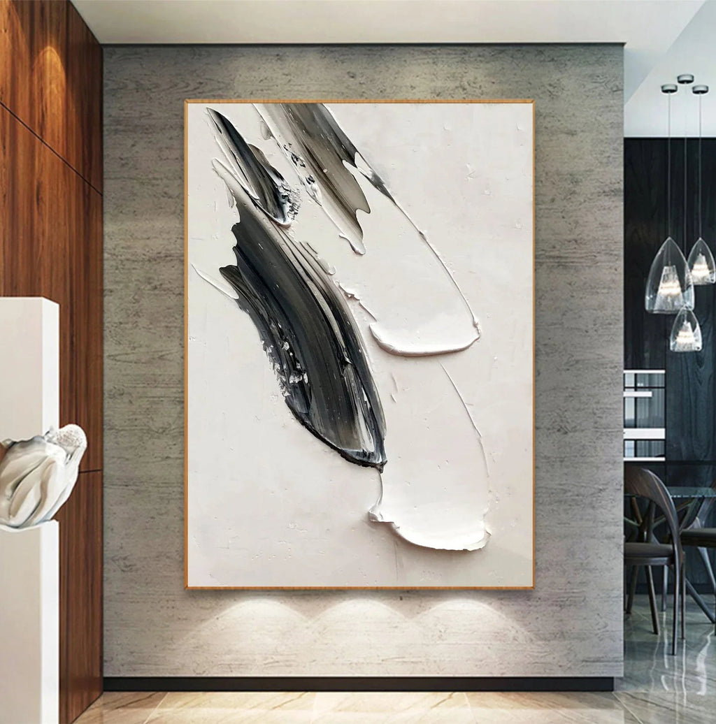 Abstract Echoes in Monochrome-Hand Painted Black and White Impasto Brushstroke Texture Abstract Wall Art