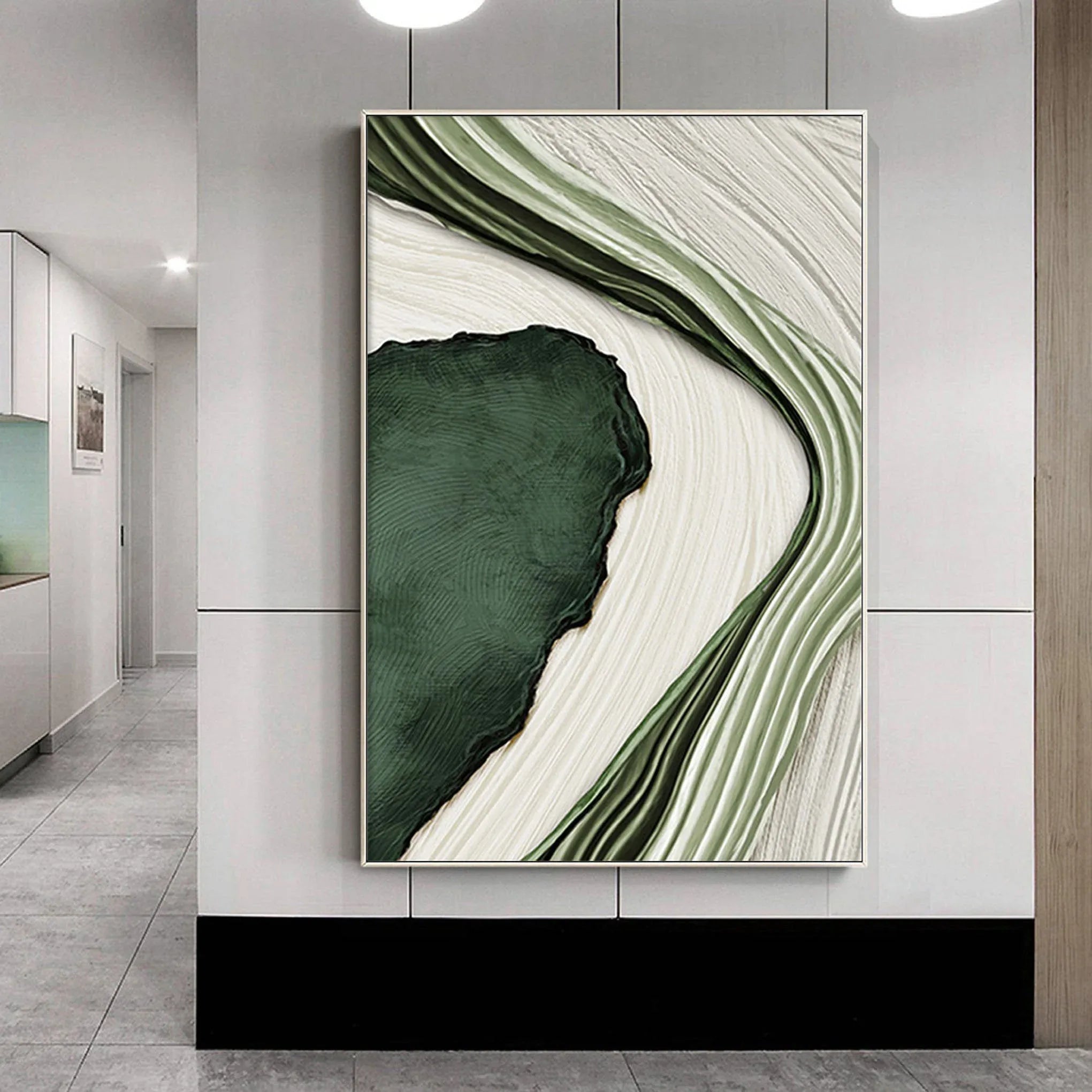 River Flow Abstract Painting-Green and White Flowing Curve Texture Wall Art