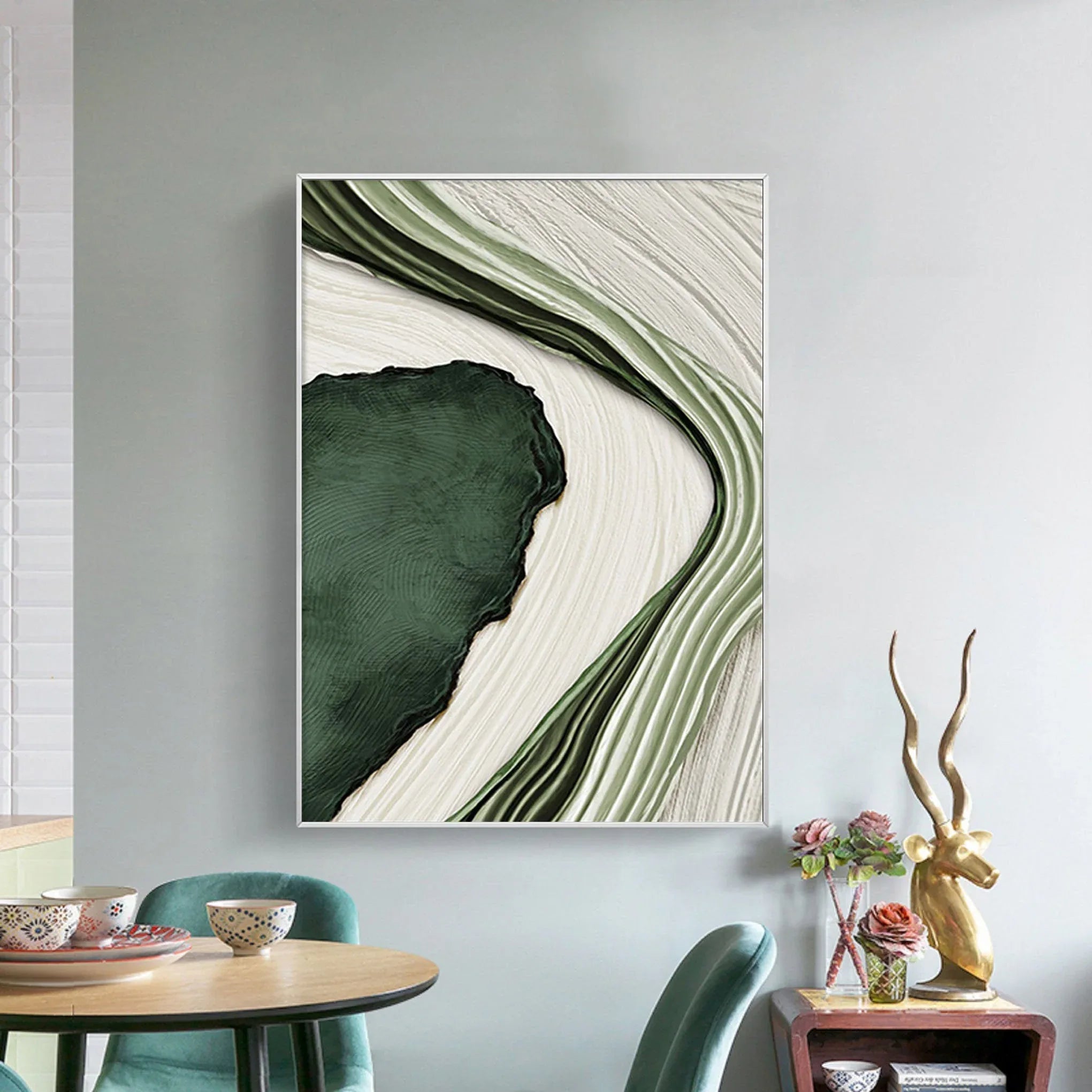 River Flow Abstract Painting-Green and White Flowing Curve Texture Wall Art