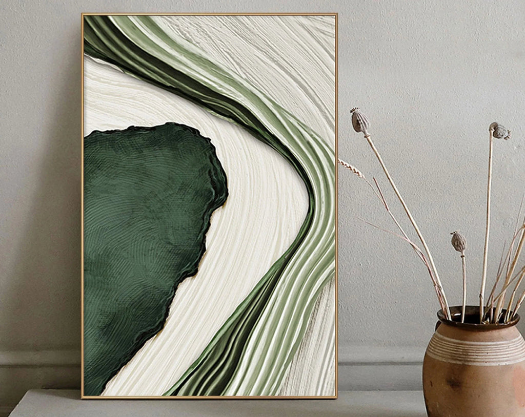 River Flow Abstract Painting-Green and White Flowing Curve Texture Wall Art