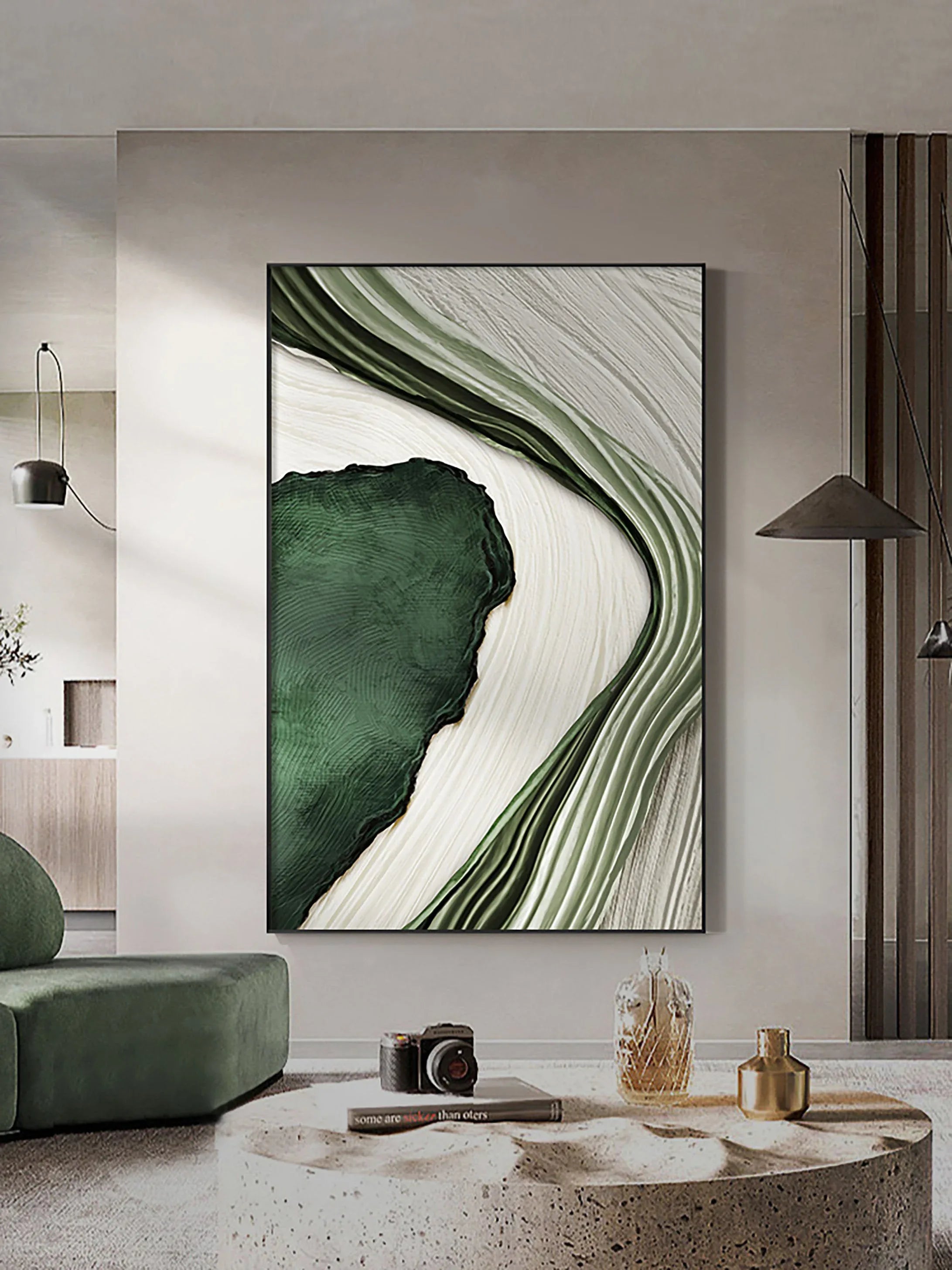 River Flow Abstract Painting-Green and White Flowing Curve Texture Wall Art