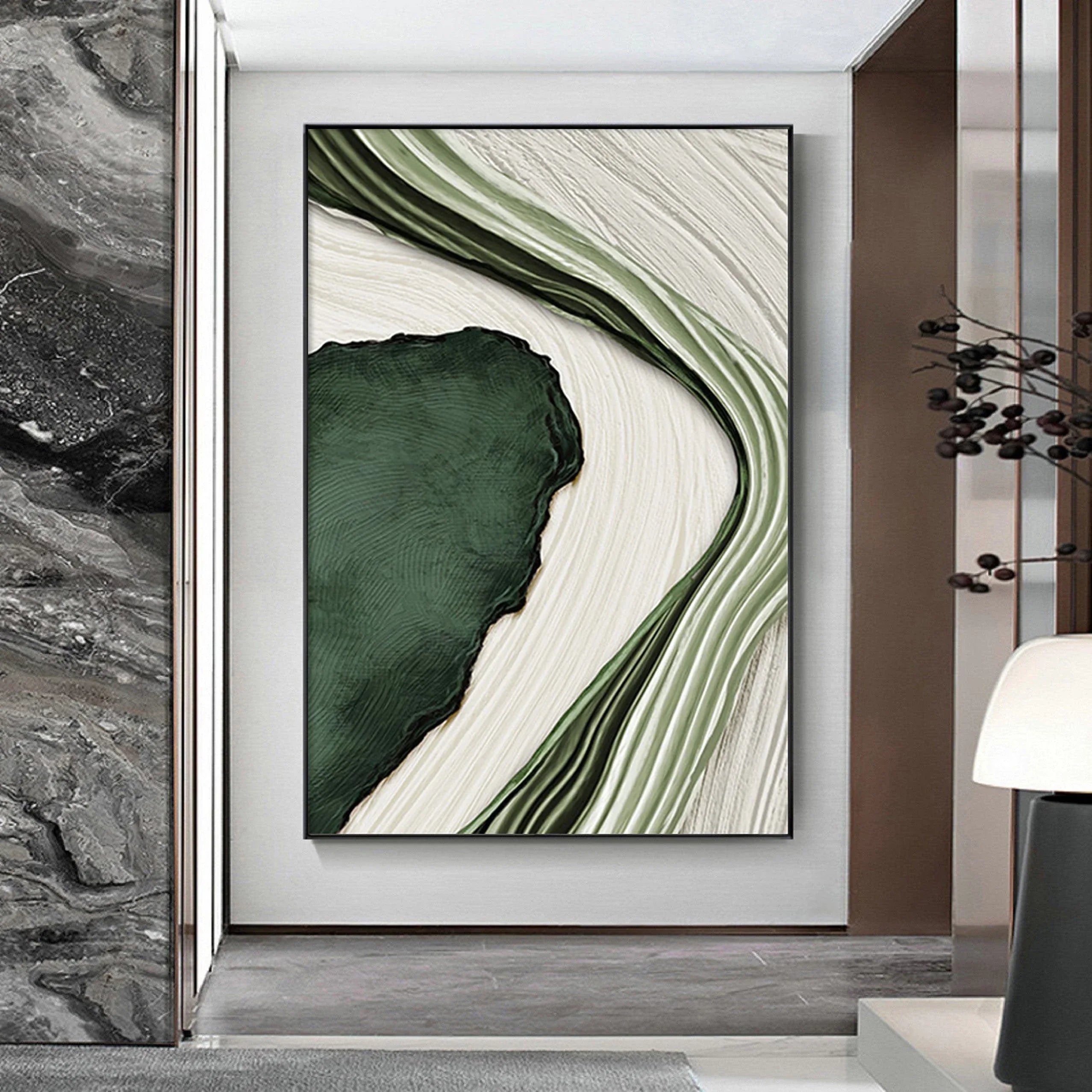 River Flow Abstract Painting-Green and White Flowing Curve Texture Wall Art