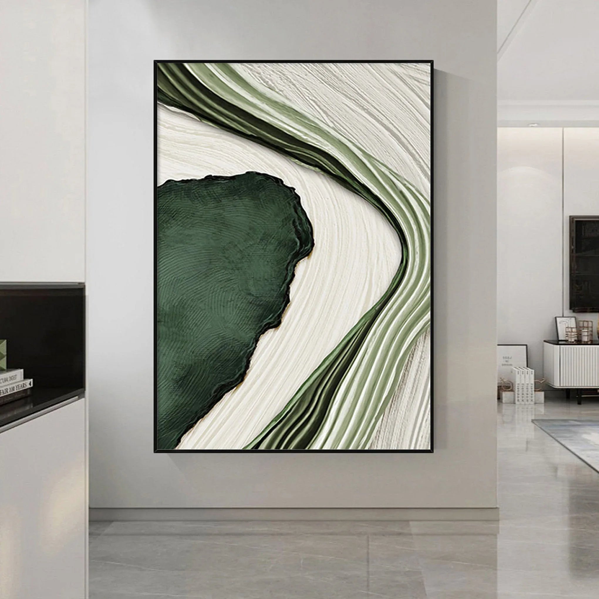 River Flow Abstract Painting-Green and White Flowing Curve Texture Wall Art