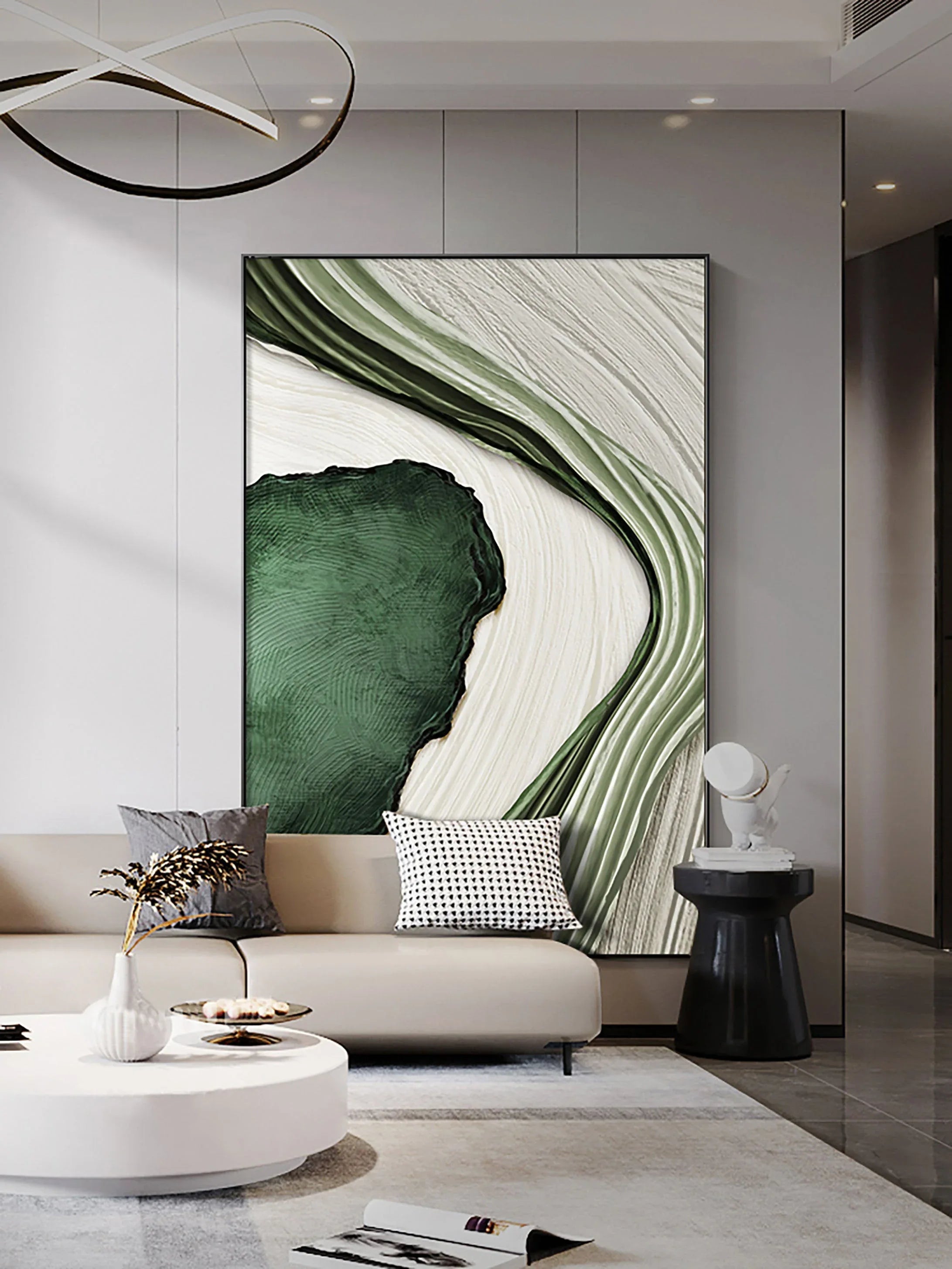 River Flow Abstract Painting-Green and White Flowing Curve Texture Wall Art