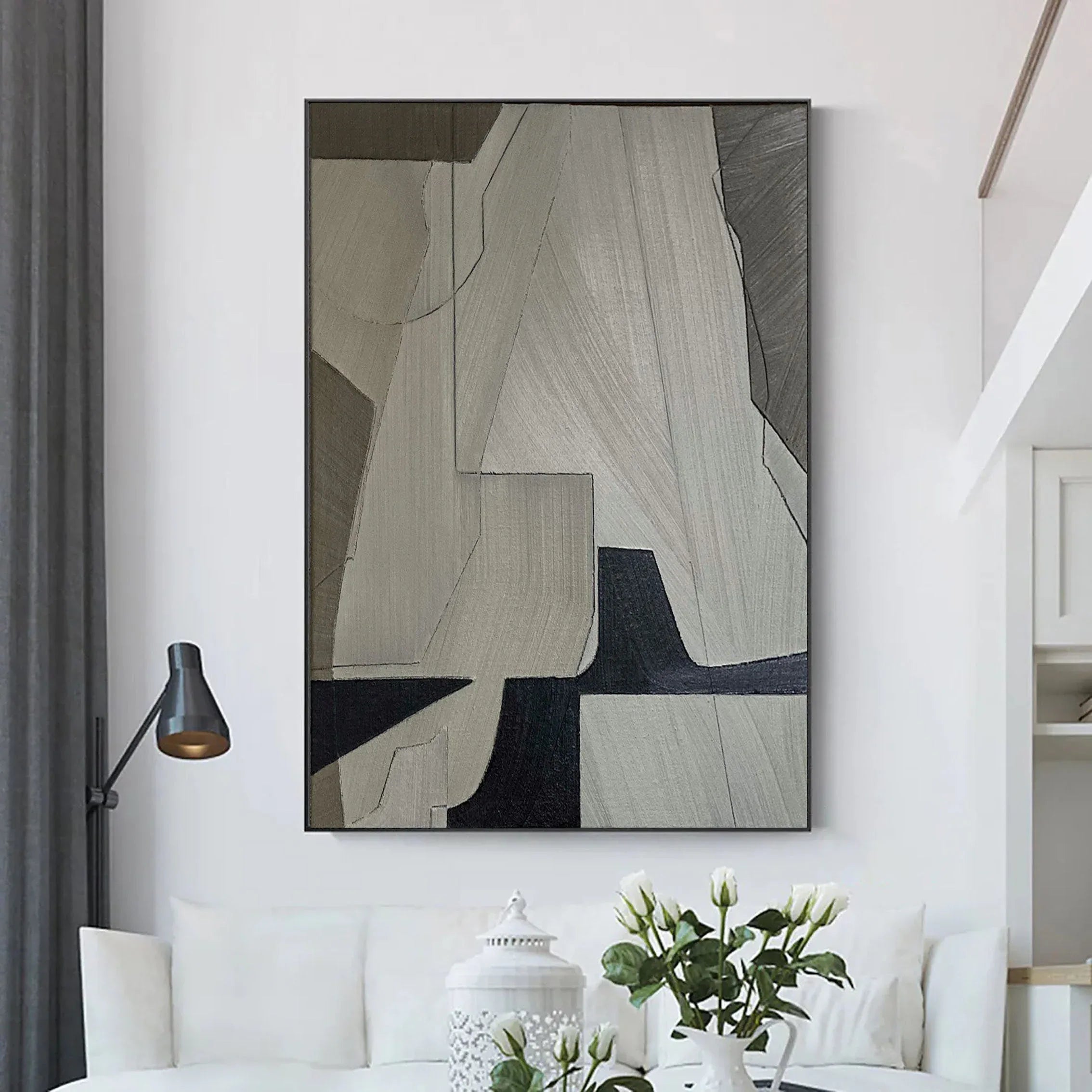 Linear Perspective-Minimalist Geometric Hand Drawn Grey Abstract Wall Art