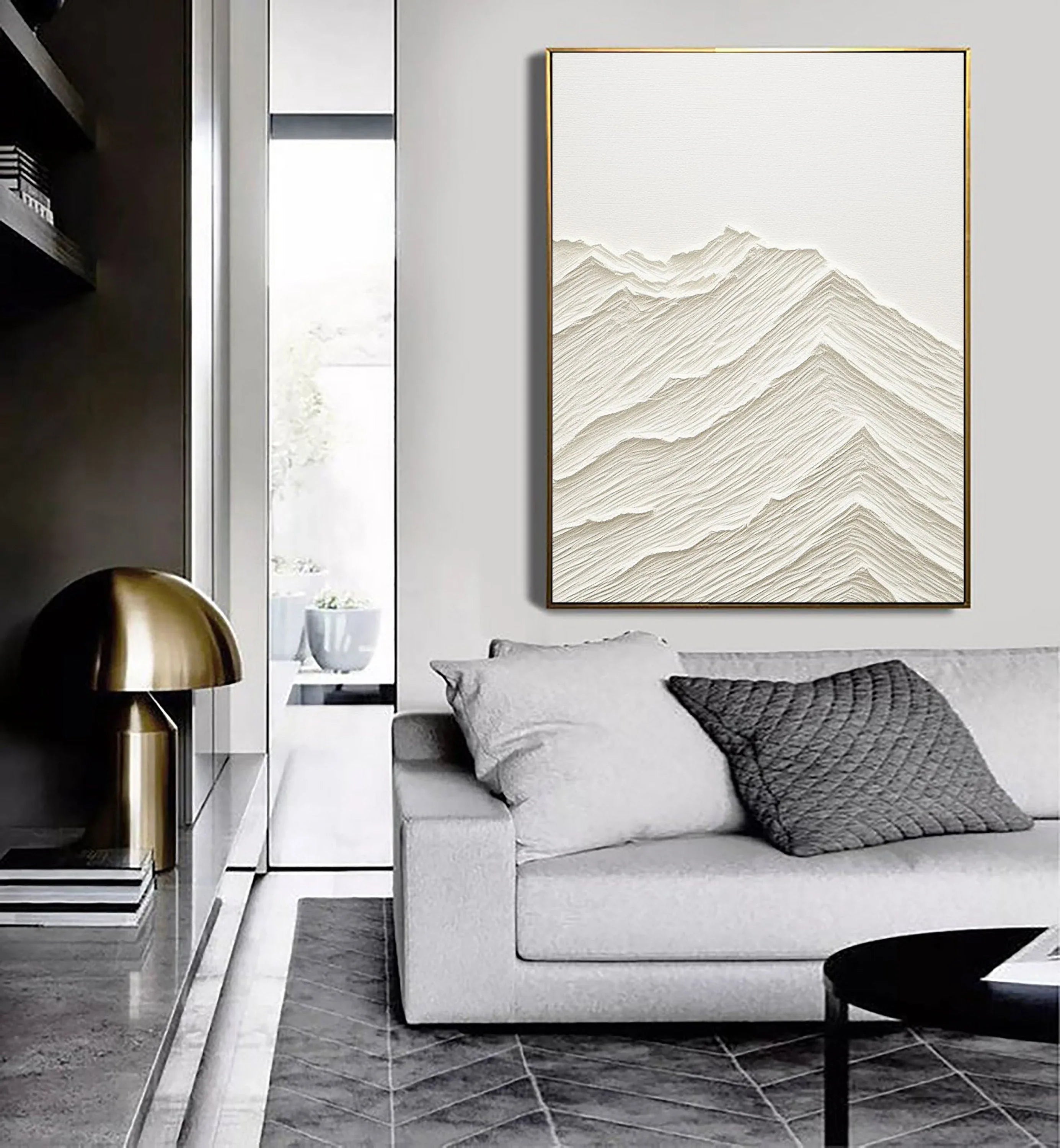 Serene Horizons- Modern Hand Drawn Minimalist Mountain Landscape Texture Vertical Wall Art