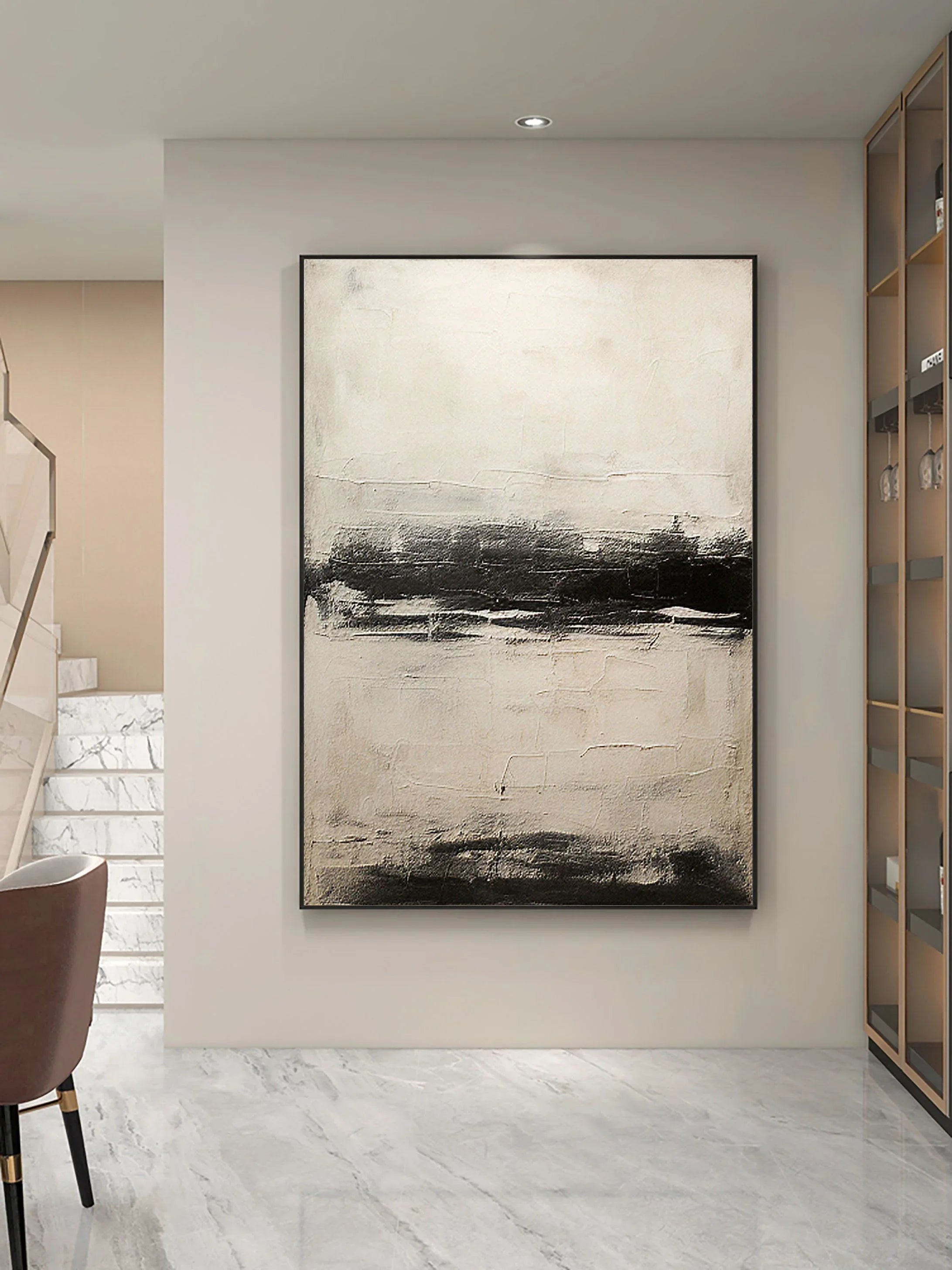 Neutral Horizon-Hand drawn black, white, gray horizon texture wall art