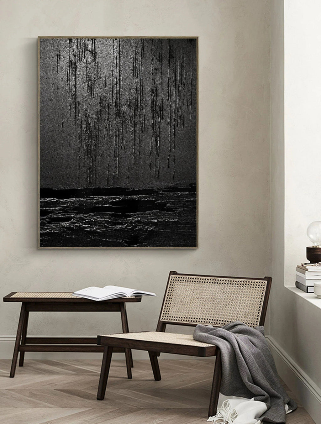Midnight Echoes-Hand Drawn Pure Black Drip Texture Wall Art
