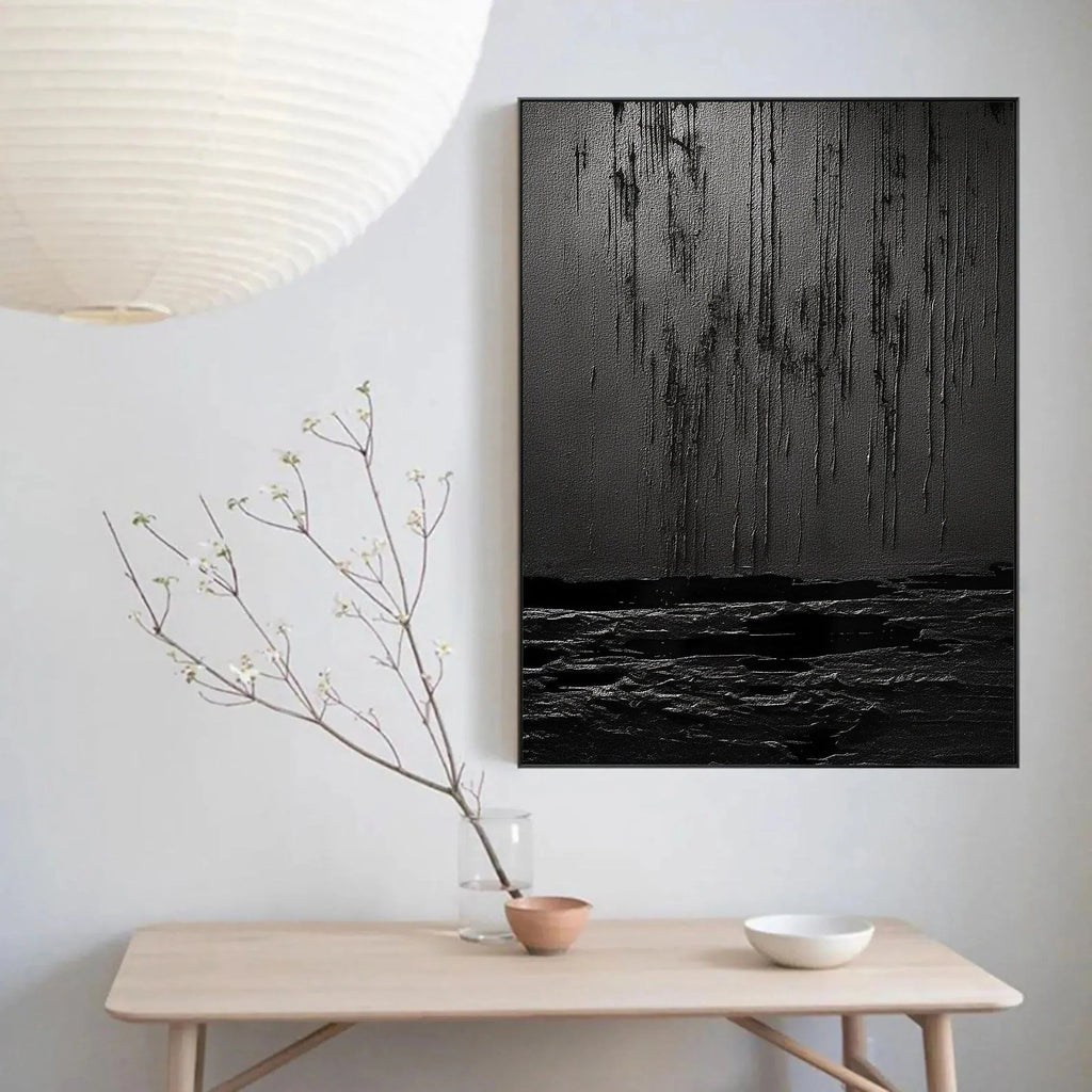 Midnight Echoes-Hand Drawn Pure Black Drip Texture Wall Art