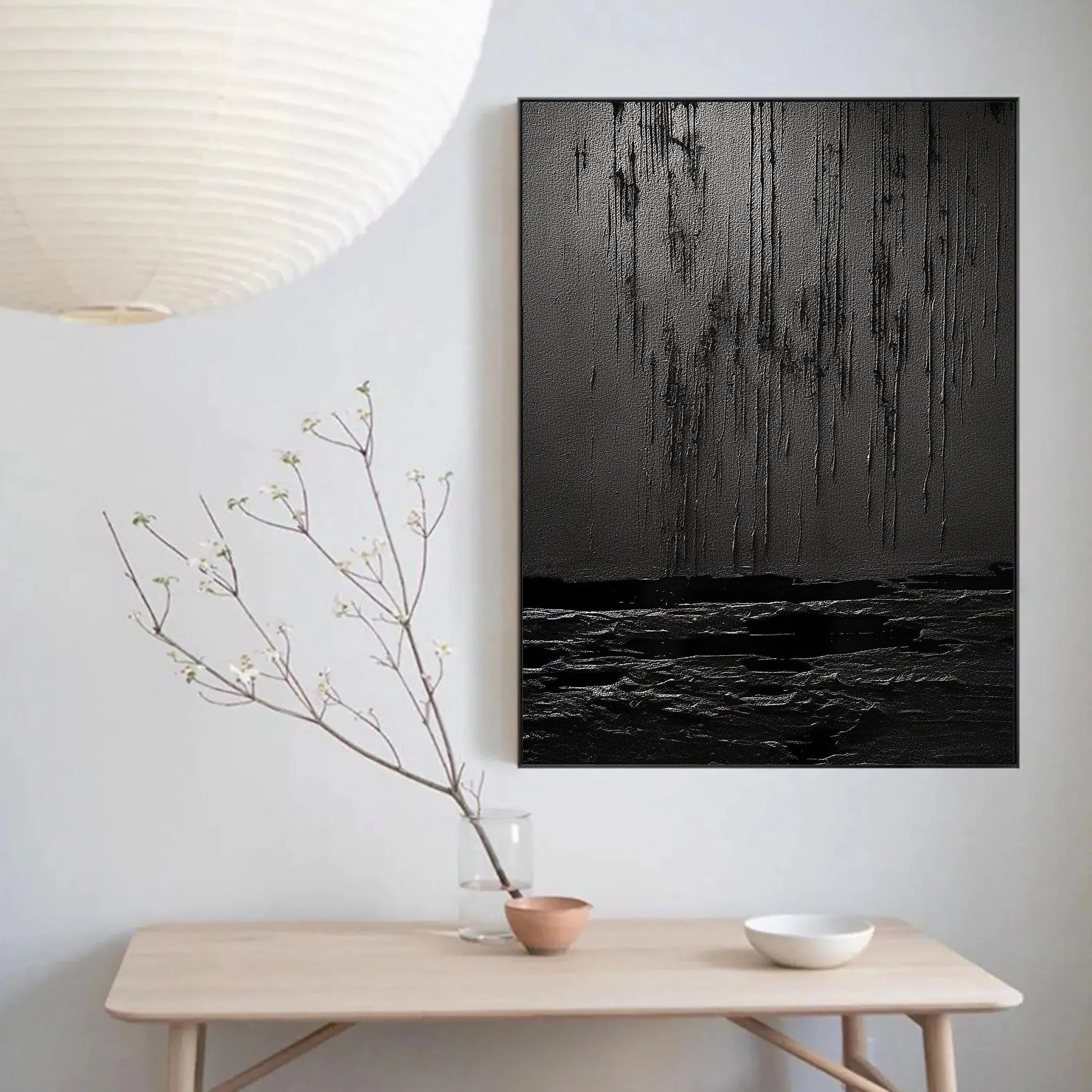 Midnight Echoes-Hand Drawn Pure Black Drip Texture Wall Art