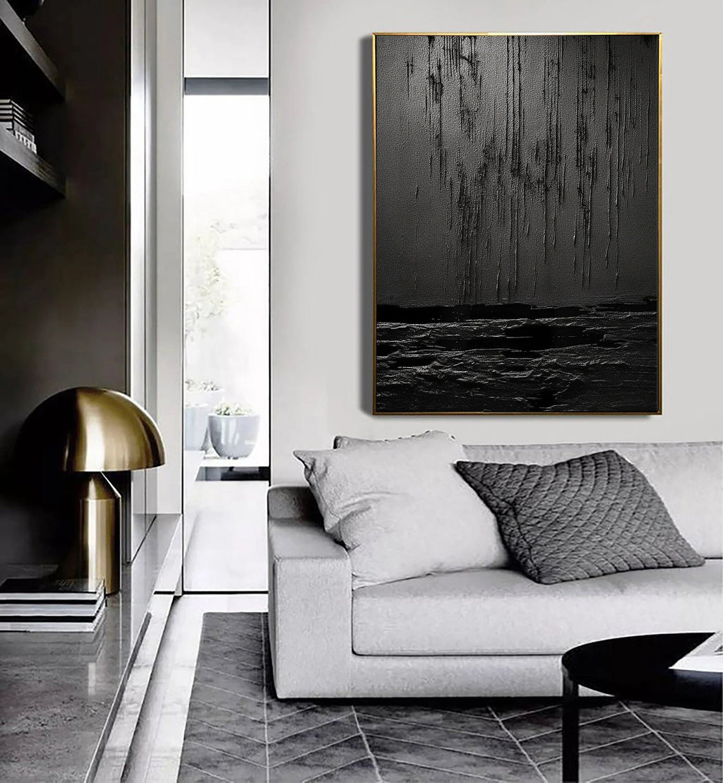 Midnight Echoes-Hand Drawn Pure Black Drip Texture Wall Art