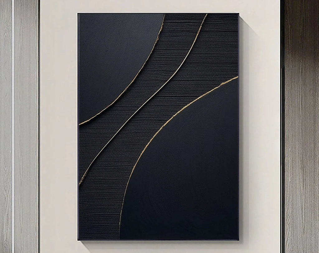 Golden Line Flow-Modern Minimalist Black Gold Geometric Curve Abstract Wall Art