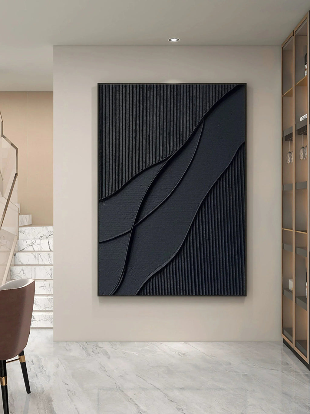 Midnight Flow- Modern Solid Black Abstract Textured Canvas Wall Art