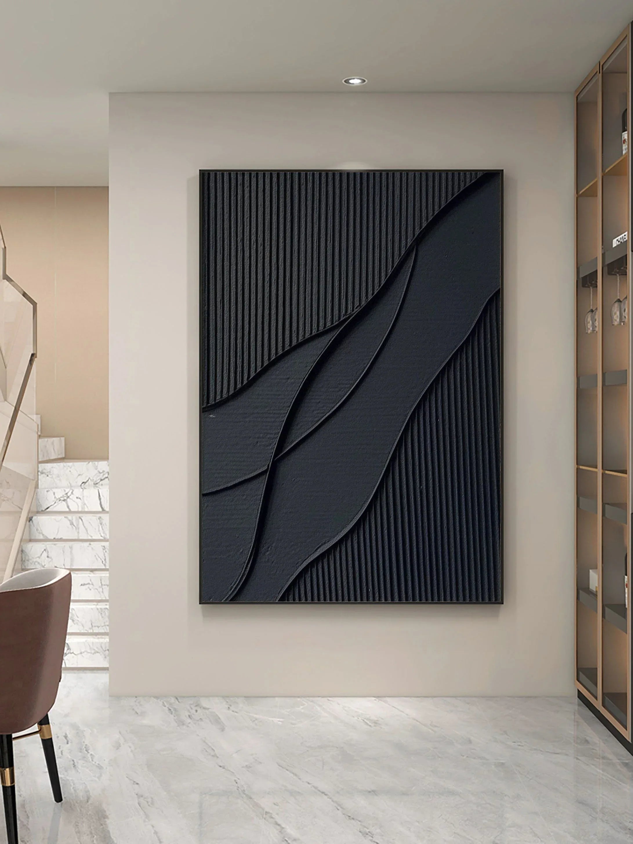Midnight Flow- Modern Solid Black Abstract Textured Canvas Wall Art