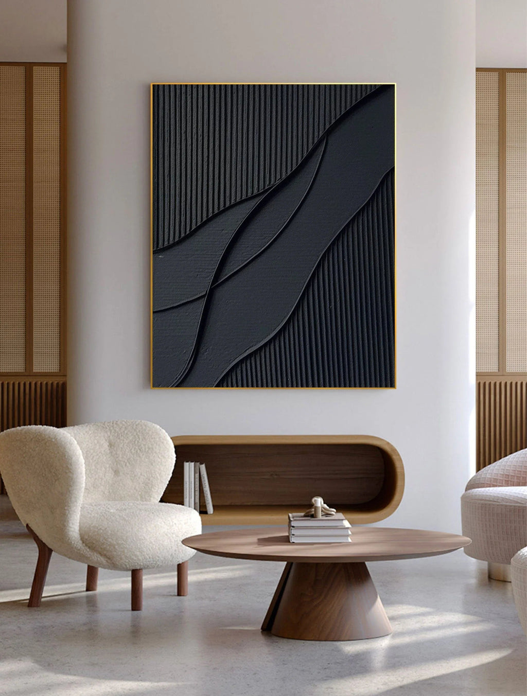 Midnight Flow- Modern Solid Black Abstract Textured Canvas Wall Art