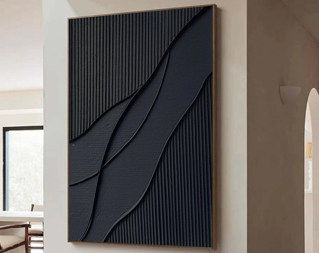 Midnight Flow- Modern Solid Black Abstract Textured Canvas Wall Art