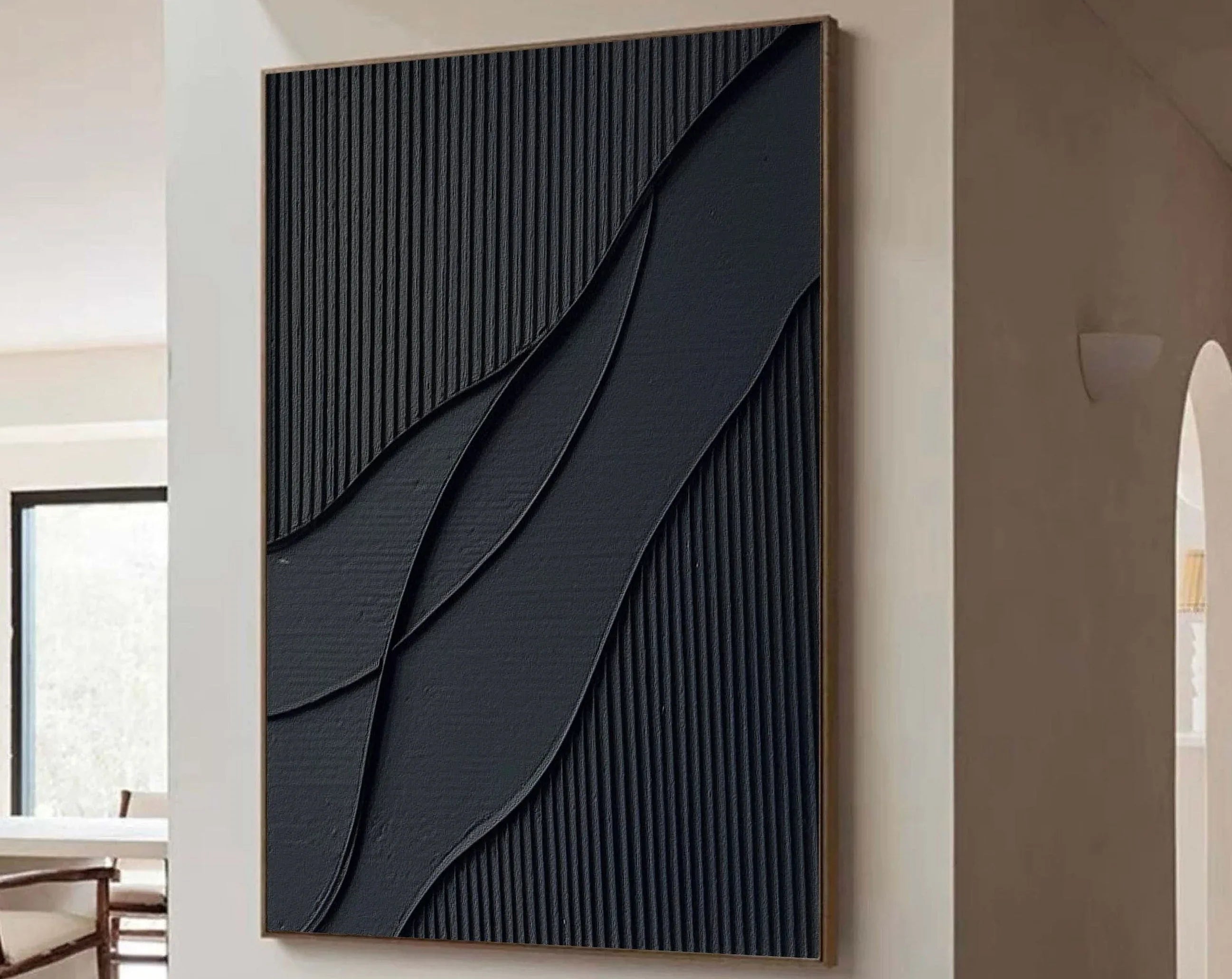 Midnight Flow- Modern Solid Black Abstract Textured Canvas Wall Art