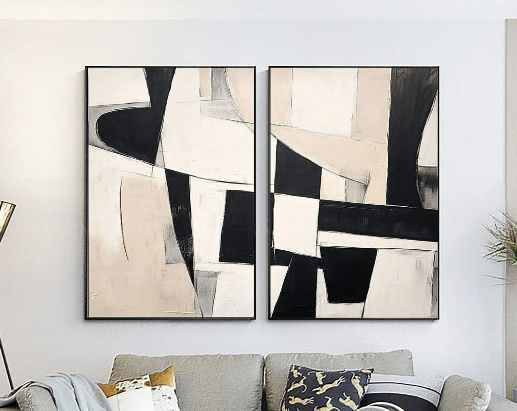 Monochrome Harmony Diptych SET OF 2-Minimalist Geometric Block Abstract Wall Art