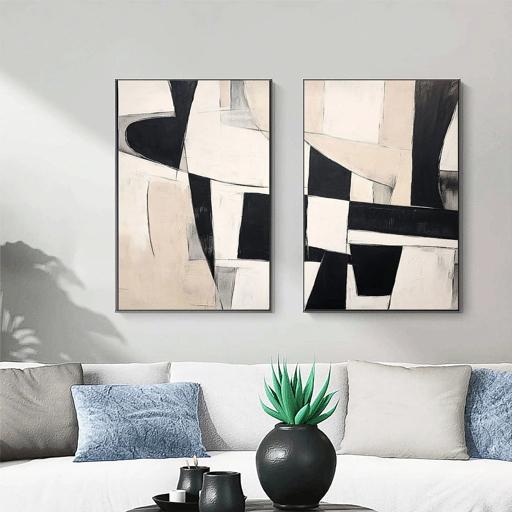 Monochrome Harmony Diptych SET OF 2-Minimalist Geometric Block Abstract Wall Art