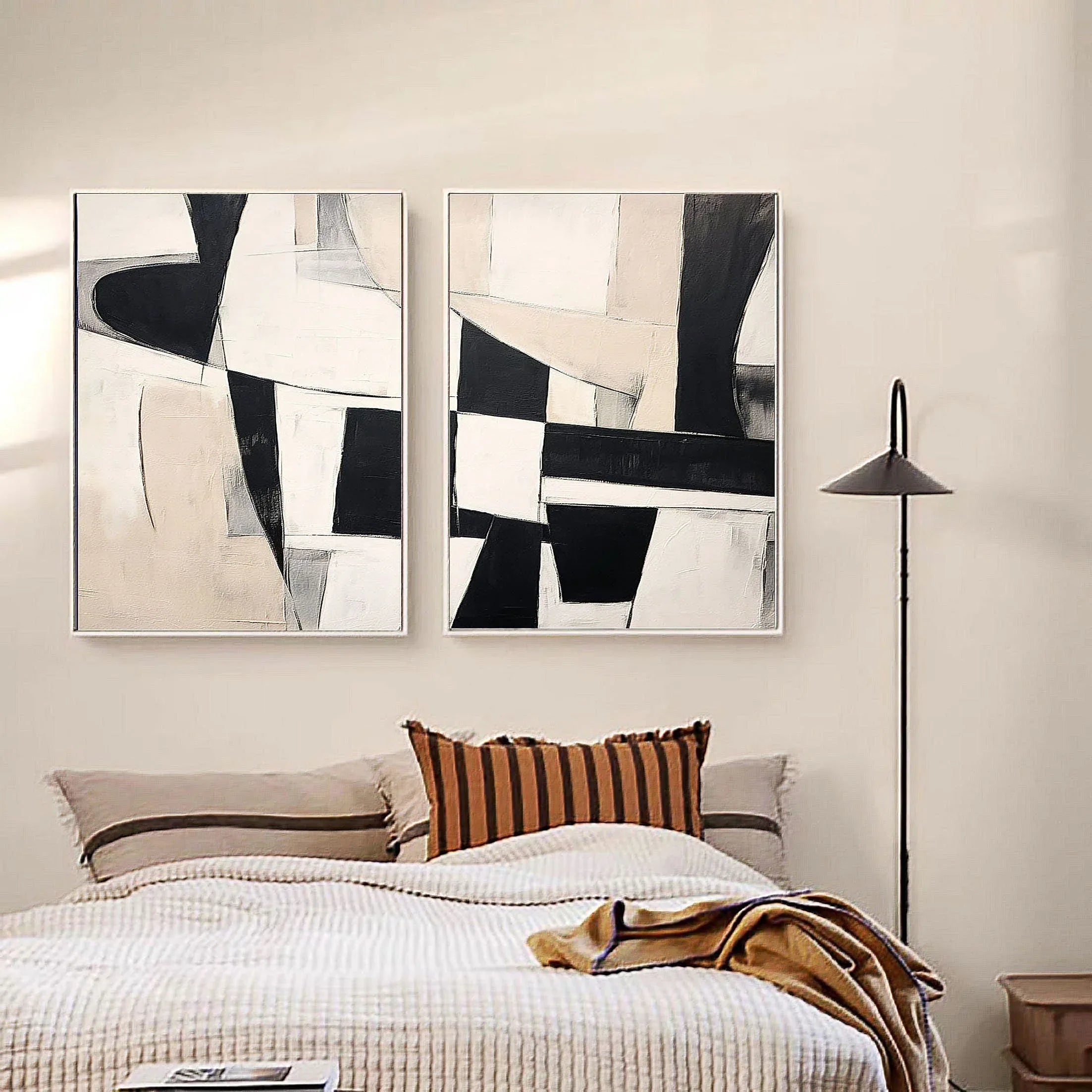 Monochrome Harmony Diptych SET OF 2-Minimalist Geometric Block Abstract Wall Art