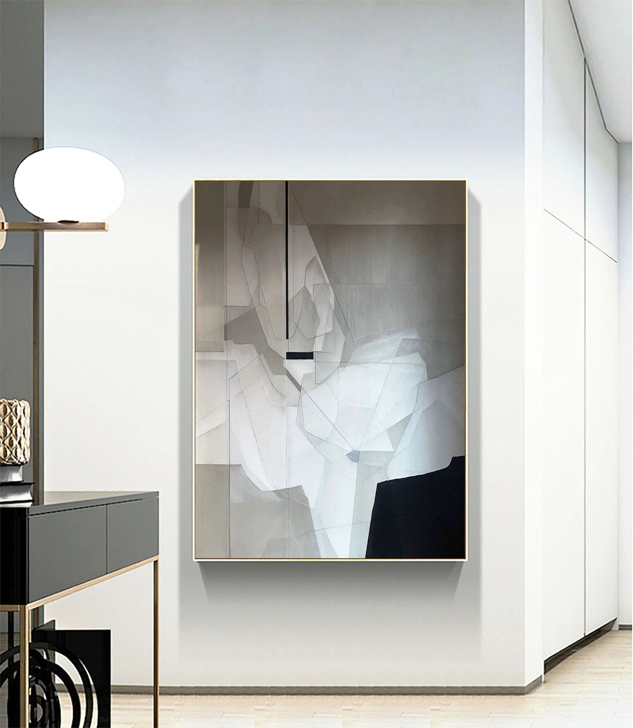 Fragmented Vision-Black, White, and Gray Geometric Deconstruction of Abstract Wall Art