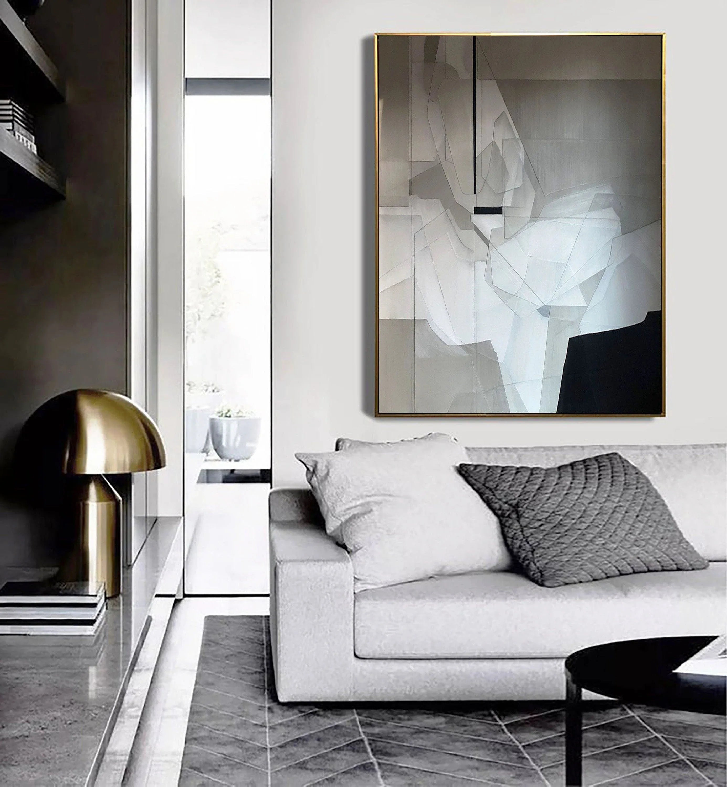 Fragmented Vision-Black, White, and Gray Geometric Deconstruction of Abstract Wall Art