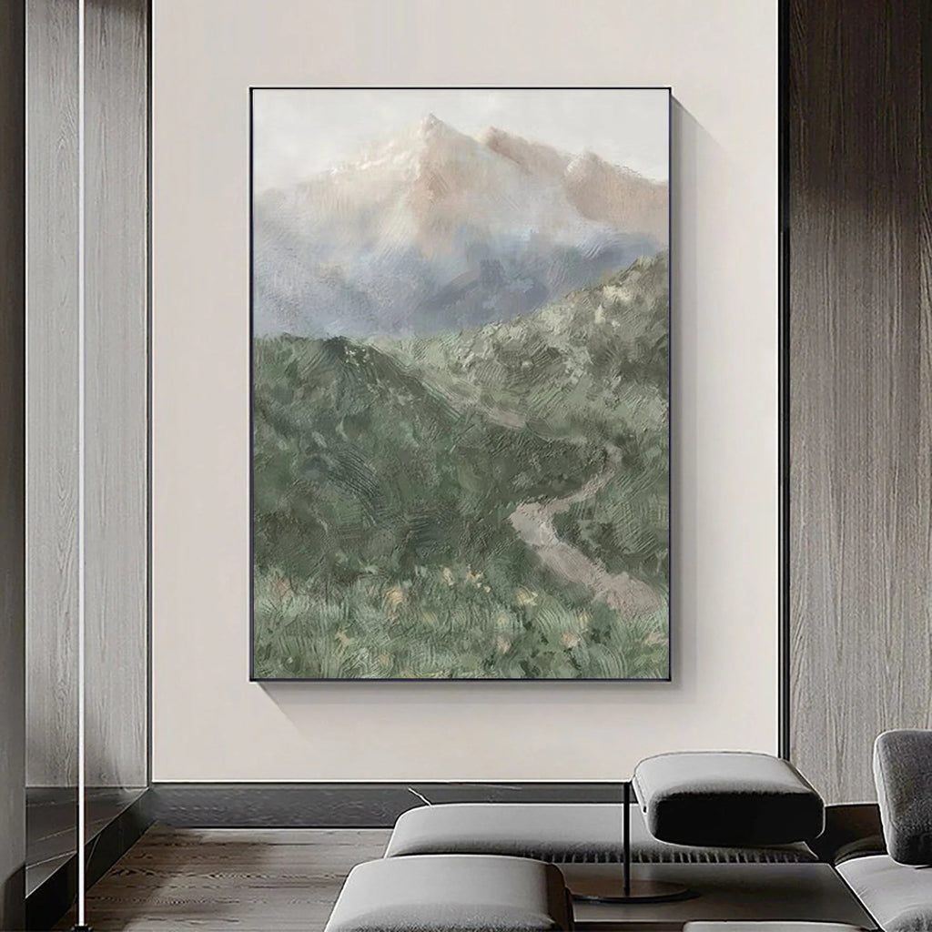 Misty Mountain Path-Hand drawn Green Gray Texture Mountain Abstract Wall Art