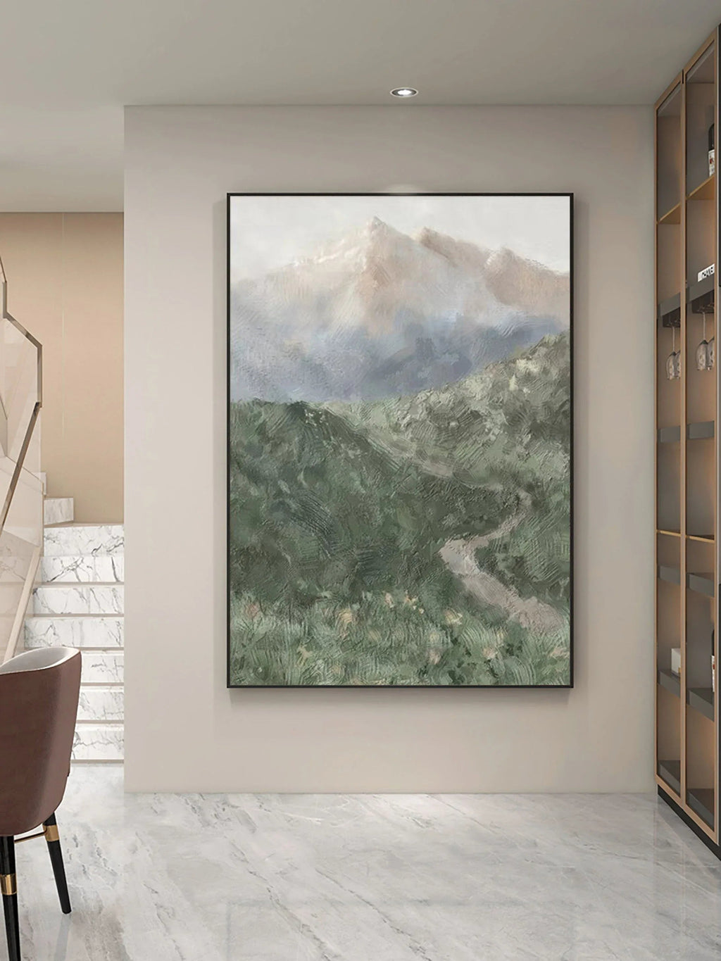 Misty Mountain Path-Hand drawn Green Gray Texture Mountain Abstract Wall Art