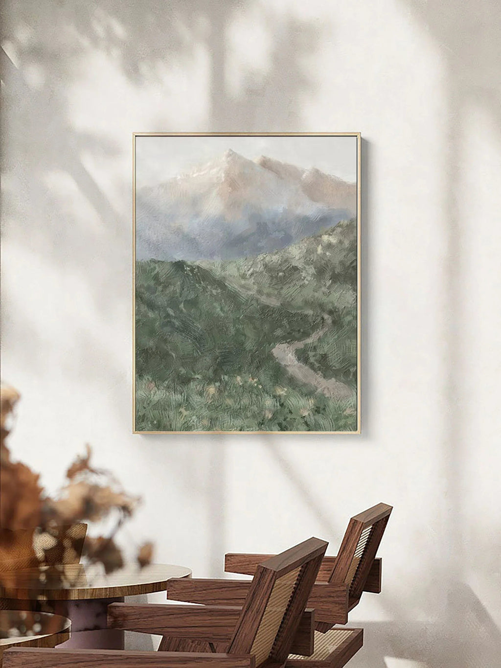Misty Mountain Path-Hand drawn Green Gray Texture Mountain Abstract Wall Art