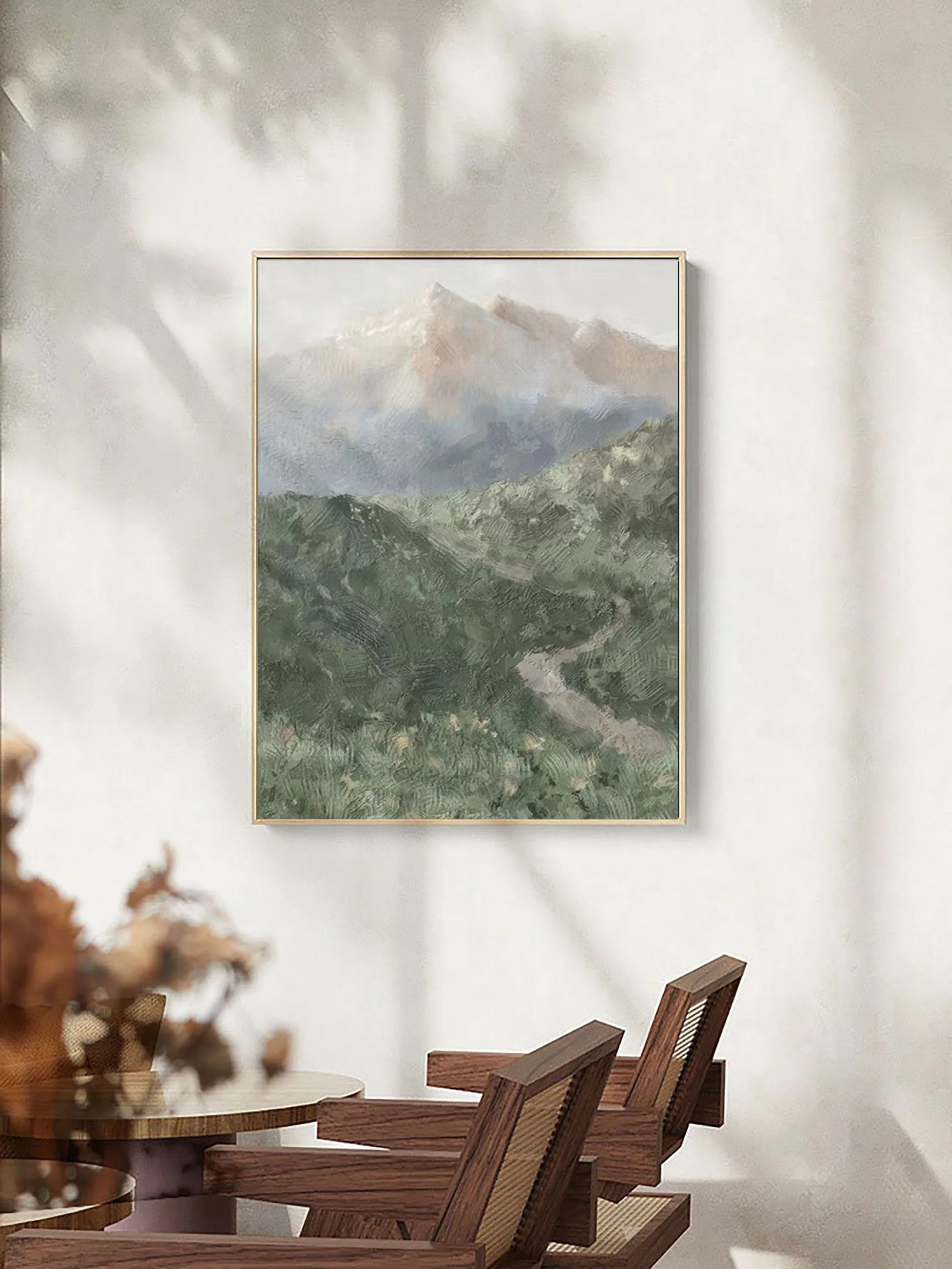 Misty Mountain Path-Hand drawn Green Gray Texture Mountain Abstract Wall Art