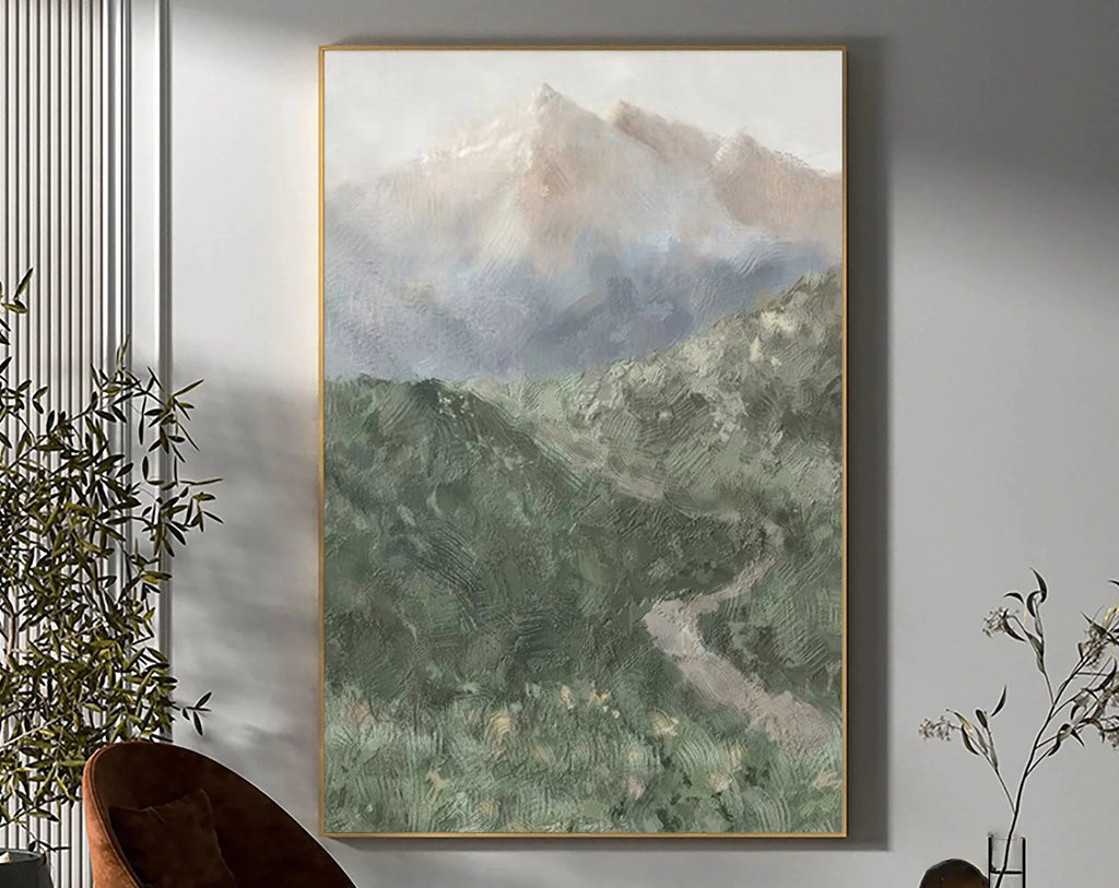 Misty Mountain Path-Hand drawn Green Gray Texture Mountain Abstract Wall Art