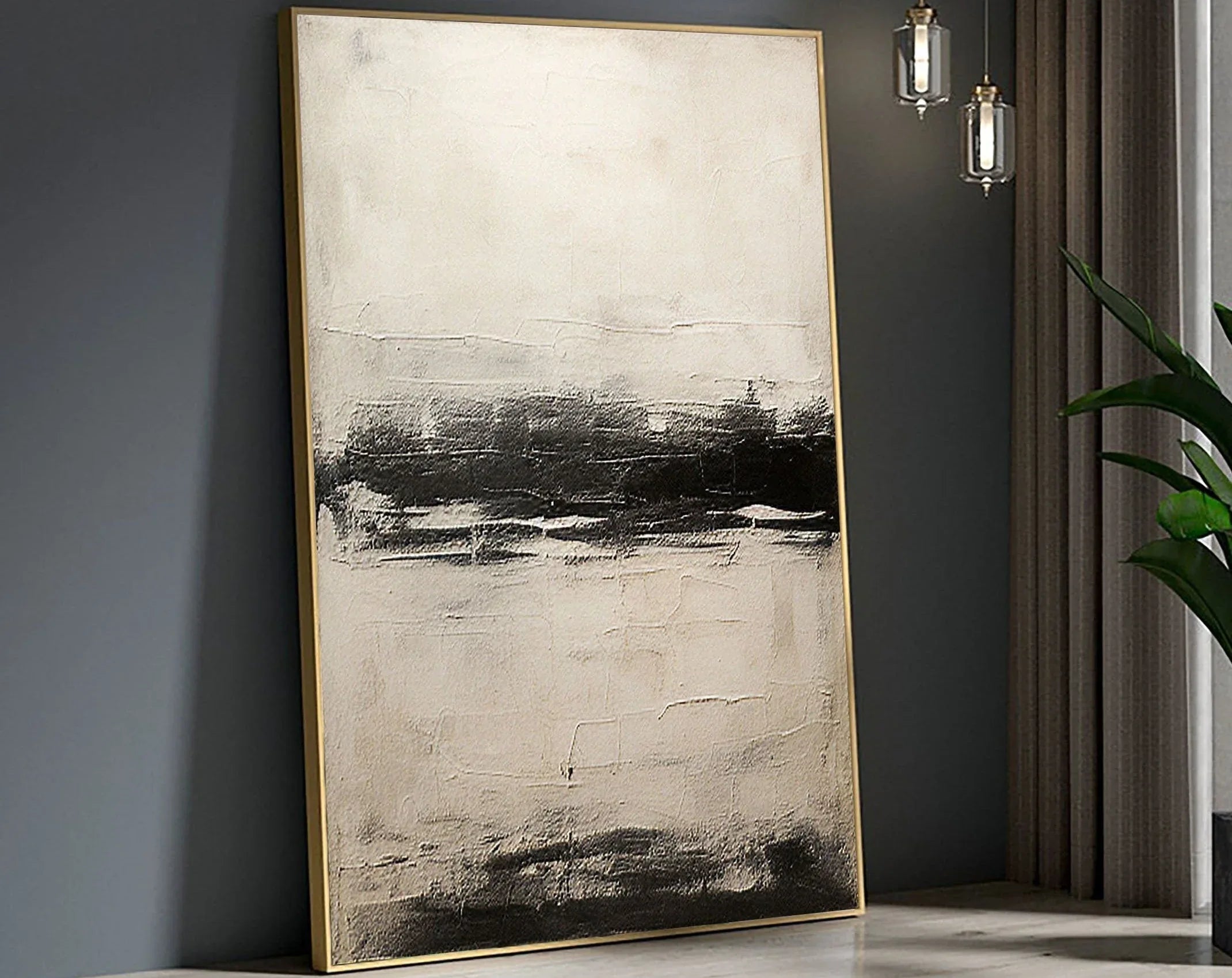 Neutral Horizon-Hand drawn black, white, gray horizon texture wall art