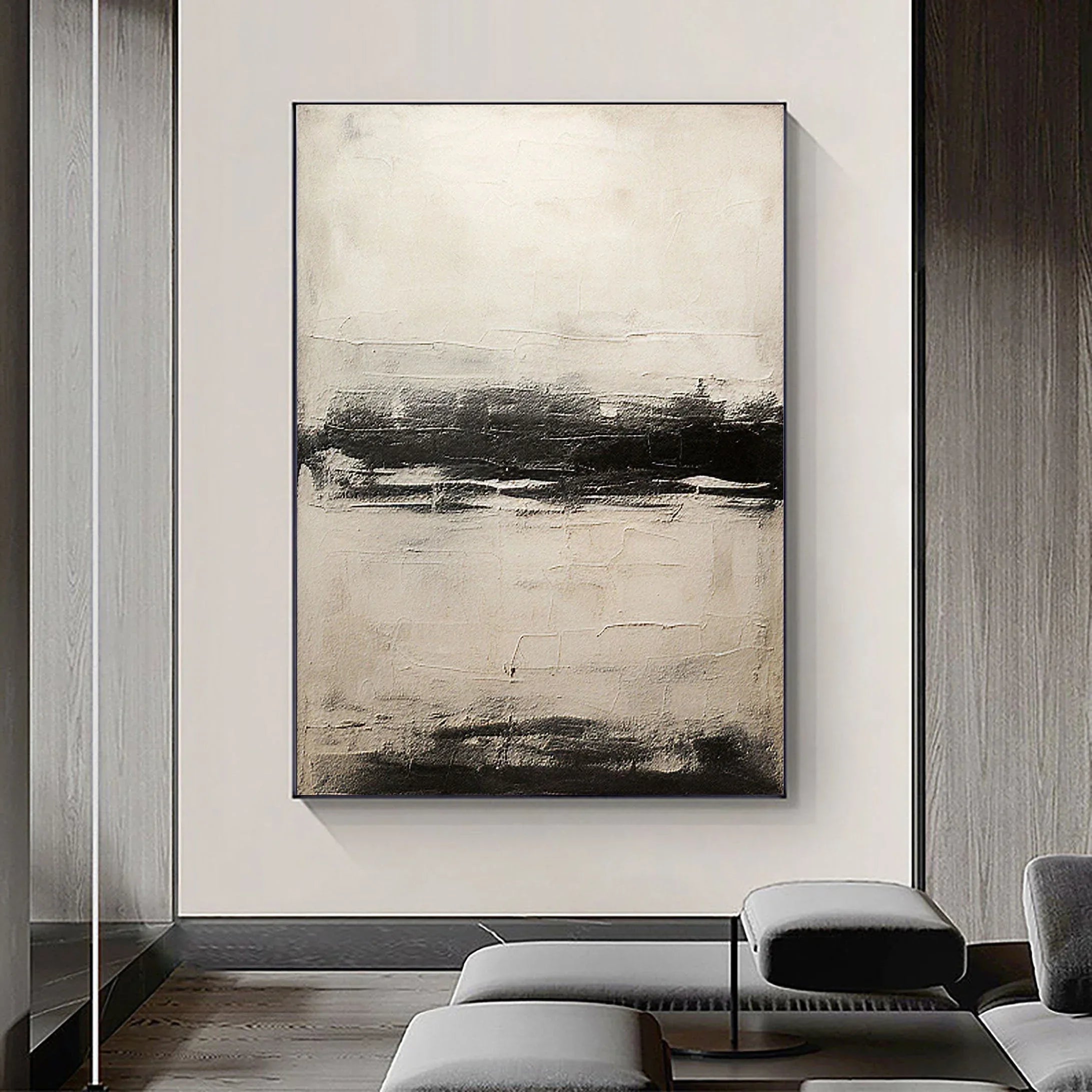 Neutral Horizon-Hand drawn black, white, gray horizon texture wall art