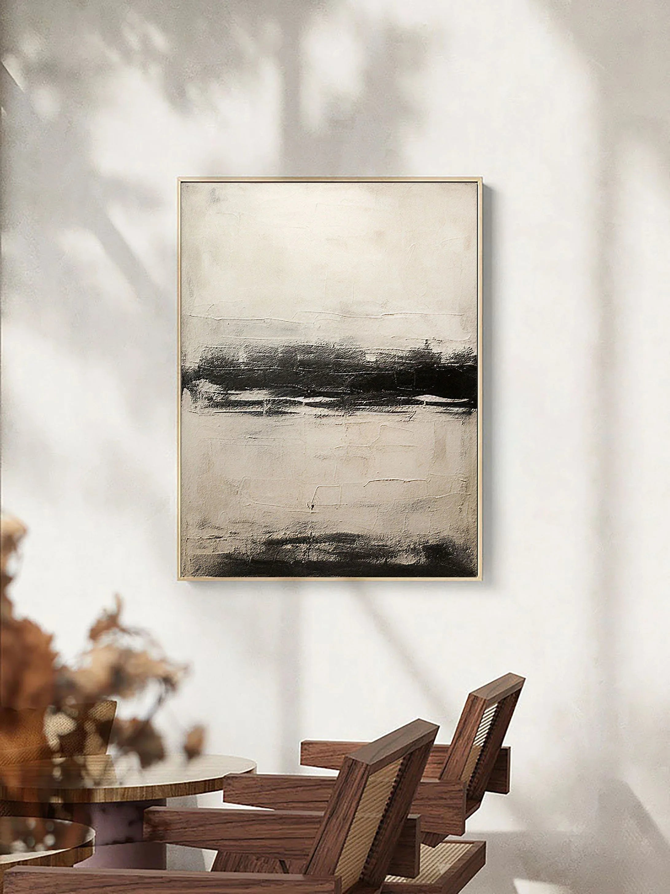 Neutral Horizon-Hand drawn black, white, gray horizon texture wall art