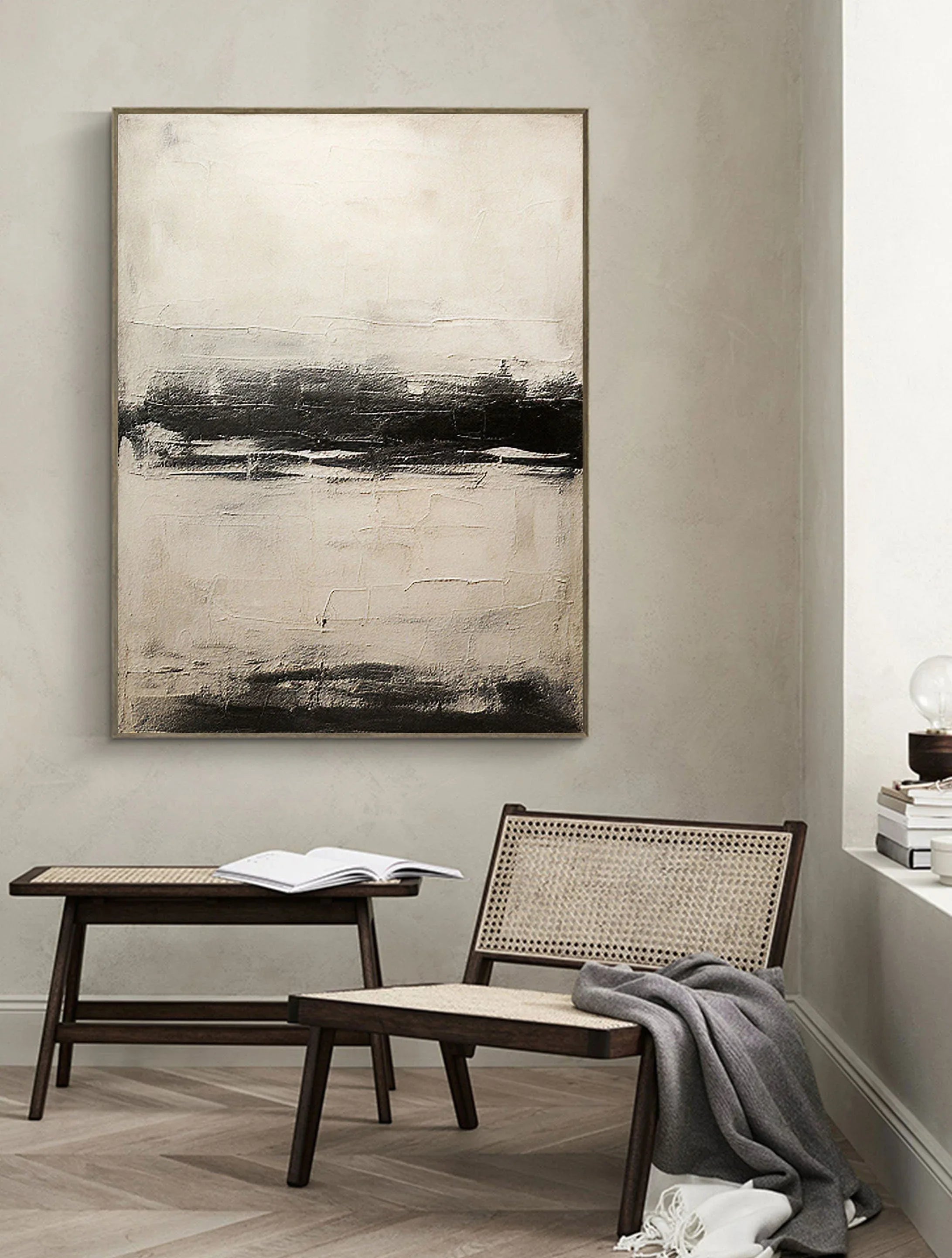 Neutral Horizon-Hand drawn black, white, gray horizon texture wall art