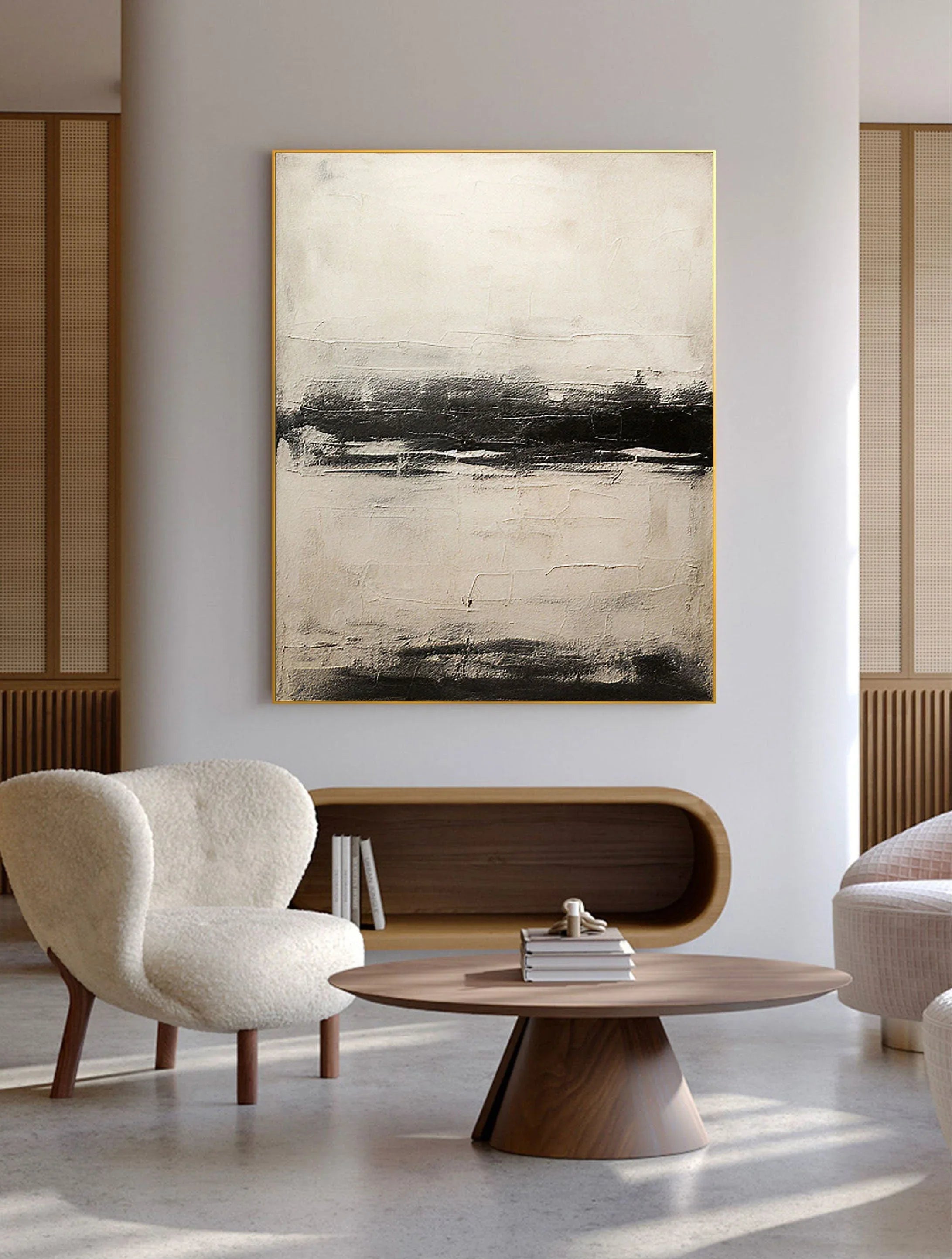 Neutral Horizon-Hand drawn black, white, gray horizon texture wall art