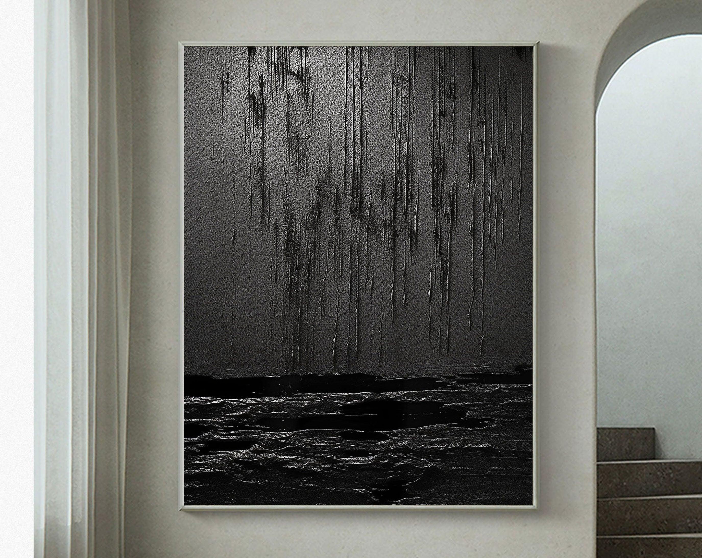 Midnight Echoes-Hand Drawn Pure Black Drip Texture Wall Art