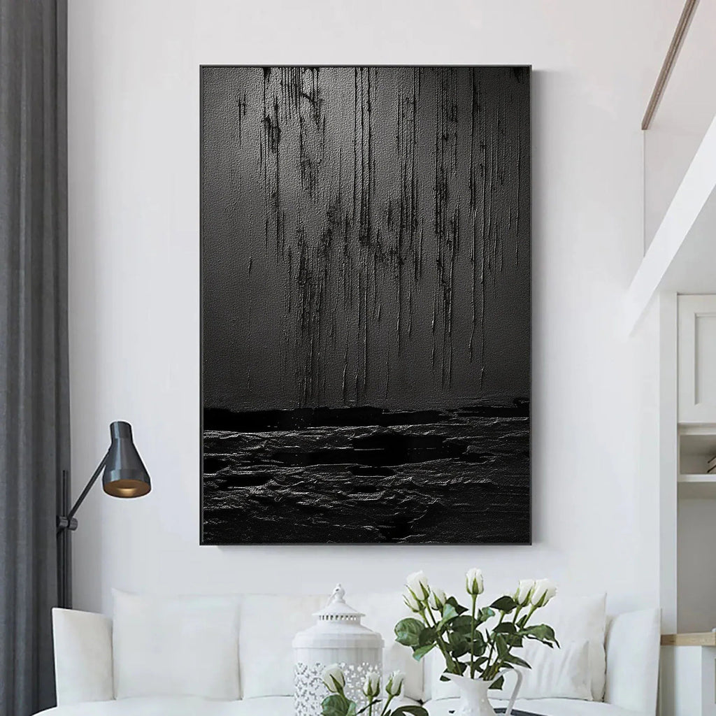 Midnight Echoes-Hand Drawn Pure Black Drip Texture Wall Art