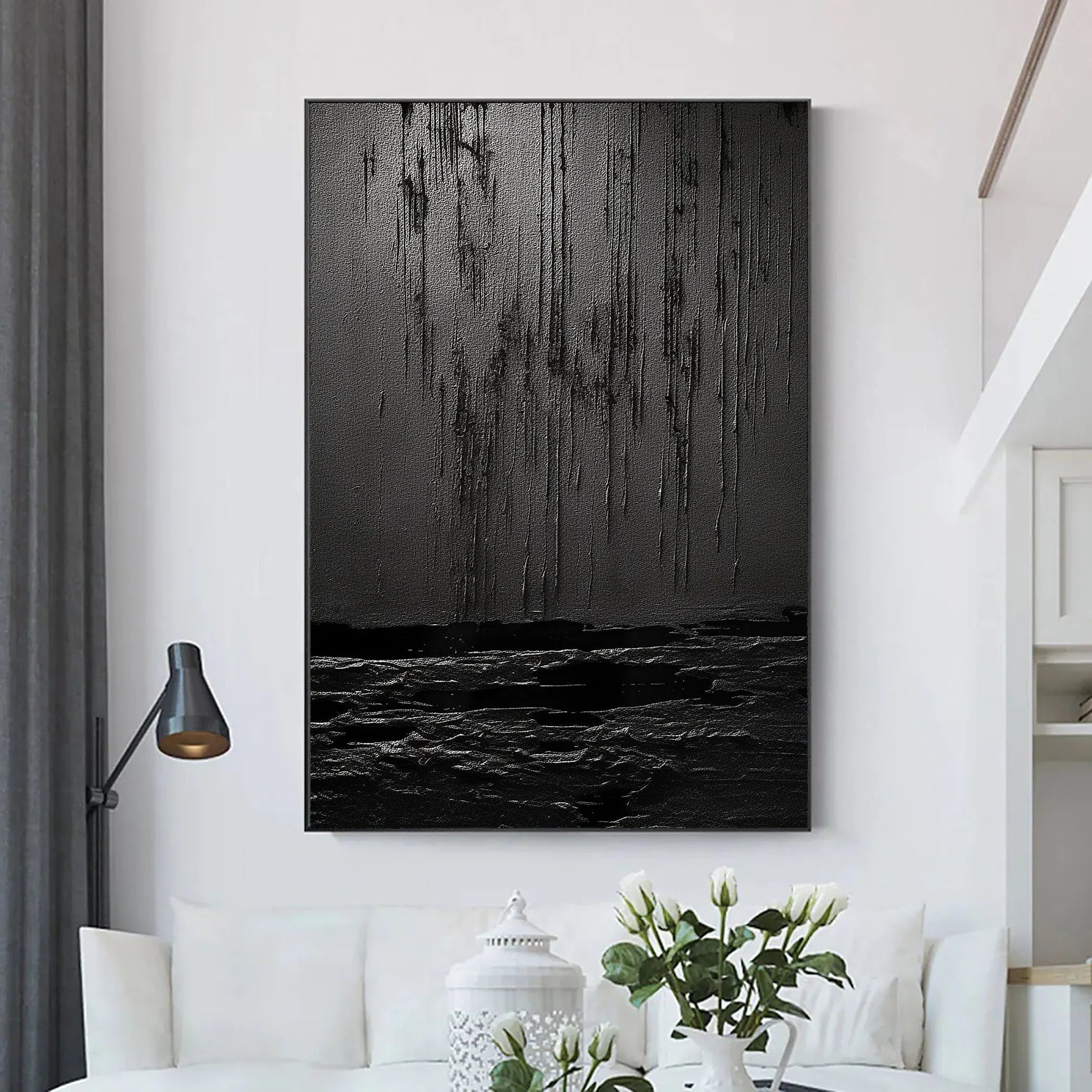 Midnight Echoes-Hand Drawn Pure Black Drip Texture Wall Art
