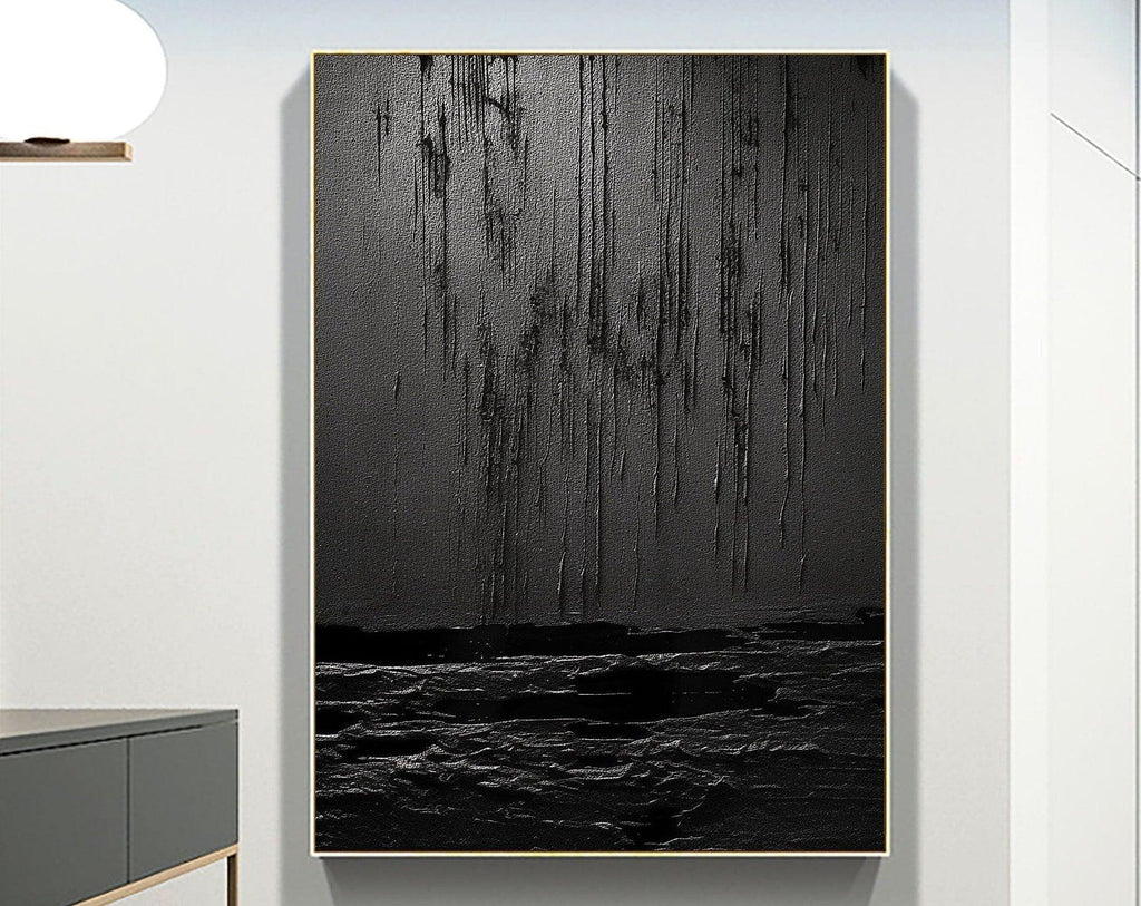 Midnight Echoes-Hand Drawn Pure Black Drip Texture Wall Art