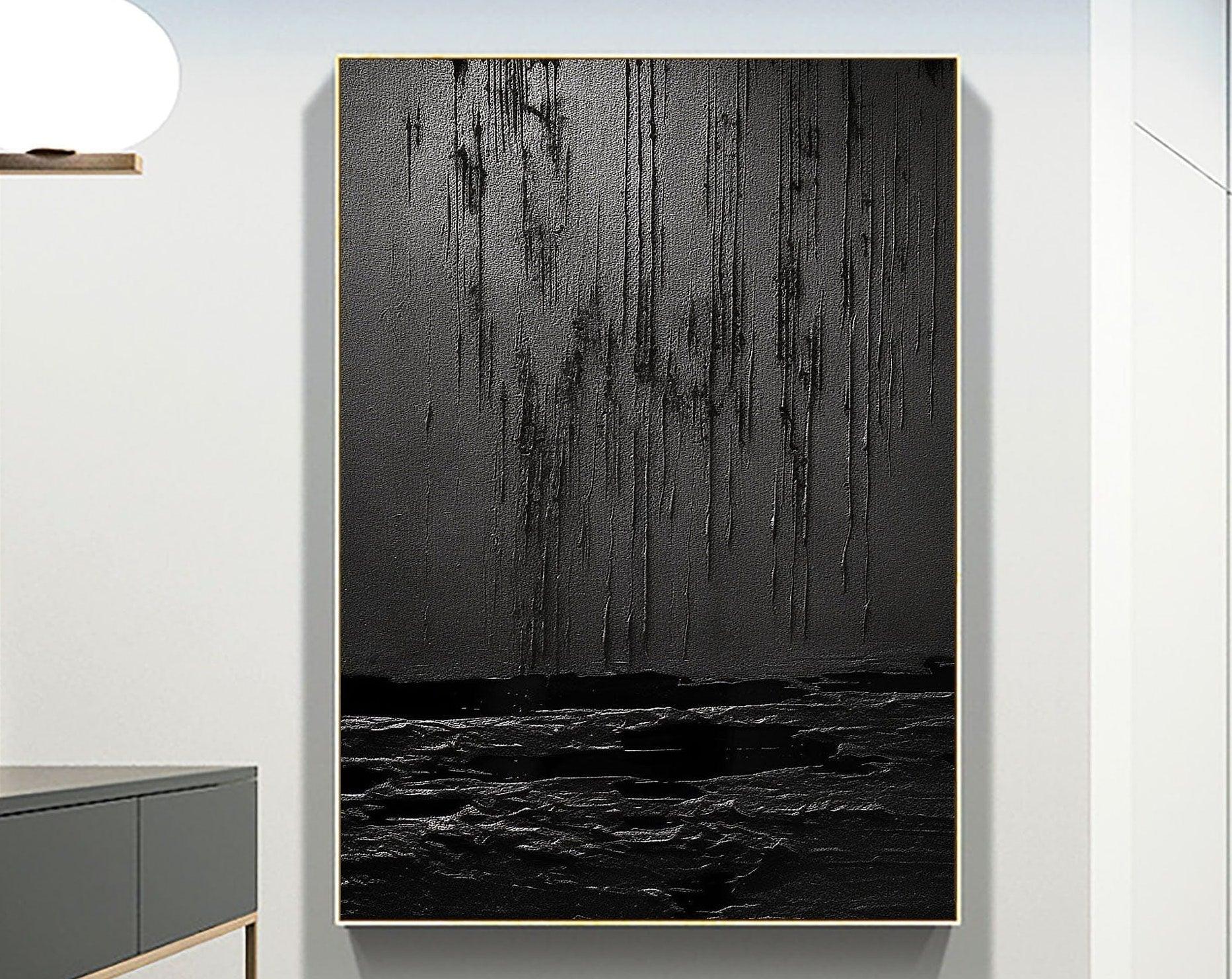 Midnight Echoes-Hand Drawn Pure Black Drip Texture Wall Art