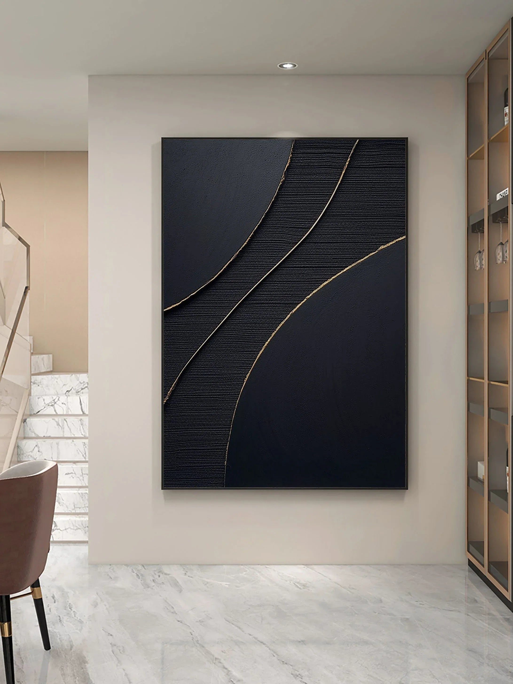 Golden Line Flow-Modern Minimalist Black Gold Geometric Curve Abstract Wall Art