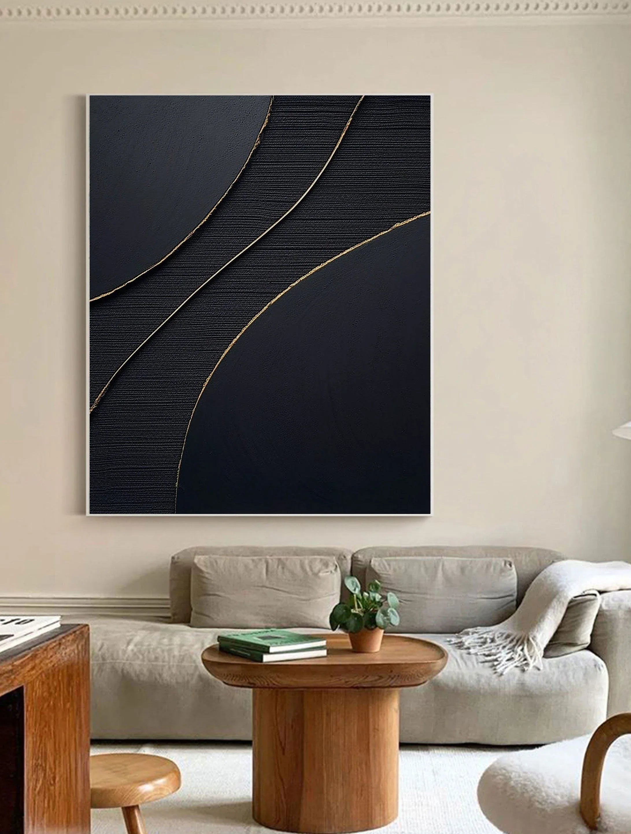 Golden Line Flow-Modern Minimalist Black Gold Geometric Curve Abstract Wall Art