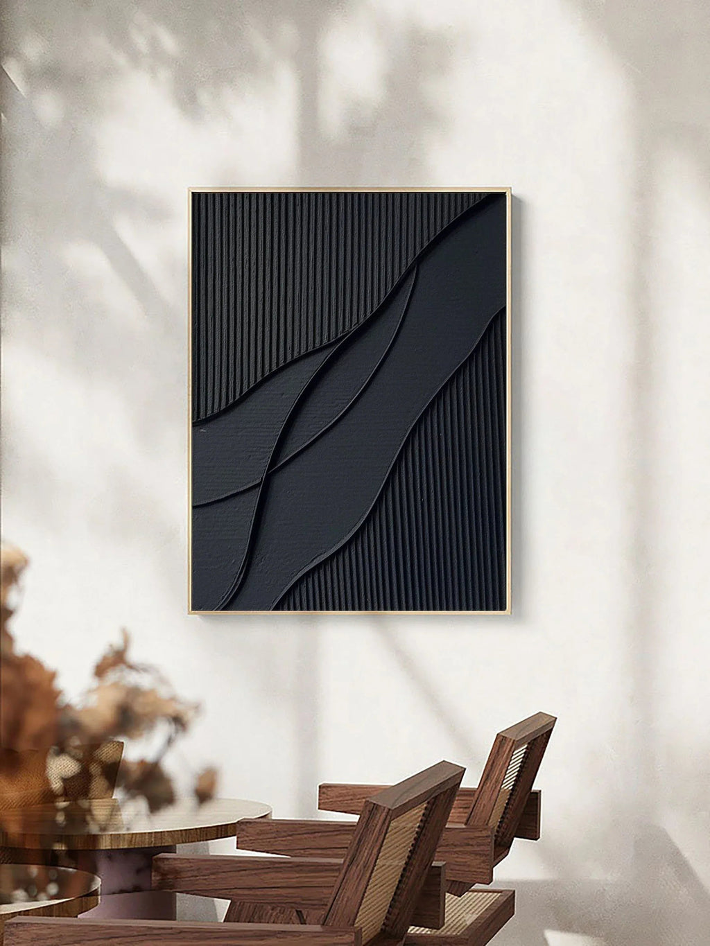 Midnight Flow- Modern Solid Black Abstract Textured Canvas Wall Art