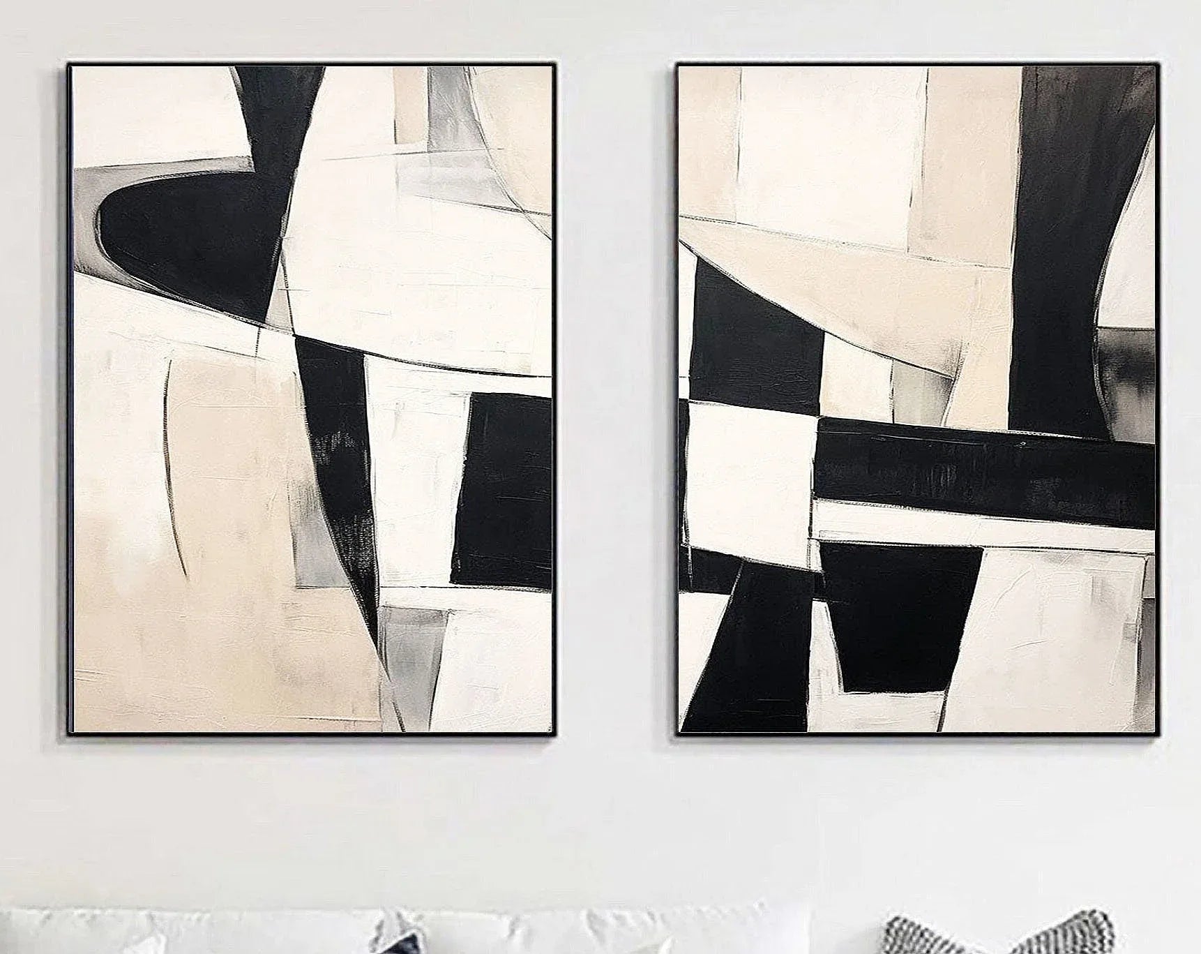Monochrome Harmony Diptych SET OF 2-Minimalist Geometric Block Abstract Wall Art